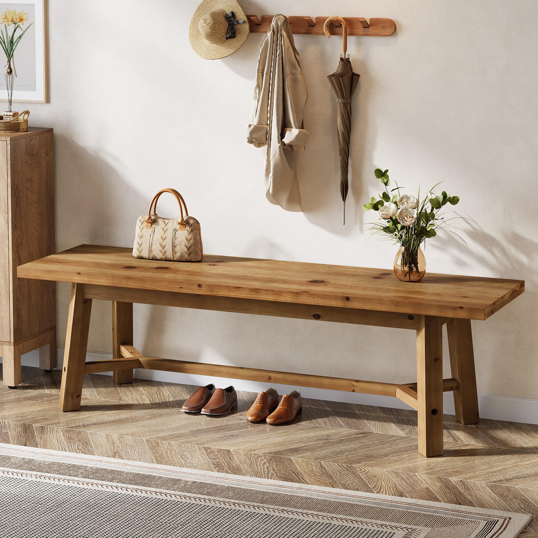 55" Solid Wood Bench, Farmhouse Bench Seat for Entryway | 55" L x 13.8" D Dining Bench, 400 Lb Capacity, Wooden Bench for Dining Room, Bedroom, End of Bed Bench, Easy Assembly, Wood