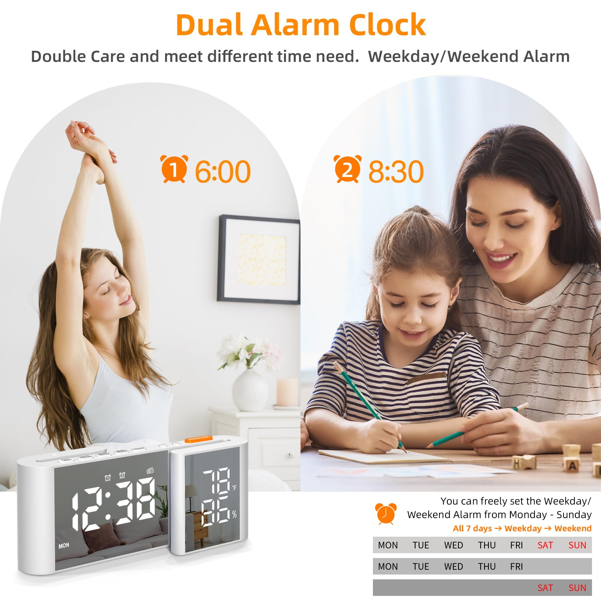 Radio Despertador para Dormitorio FM Radio LED Espejo Reloj Snooze Puerto USB Cargador Volumen Brillo Ajustable Blanco