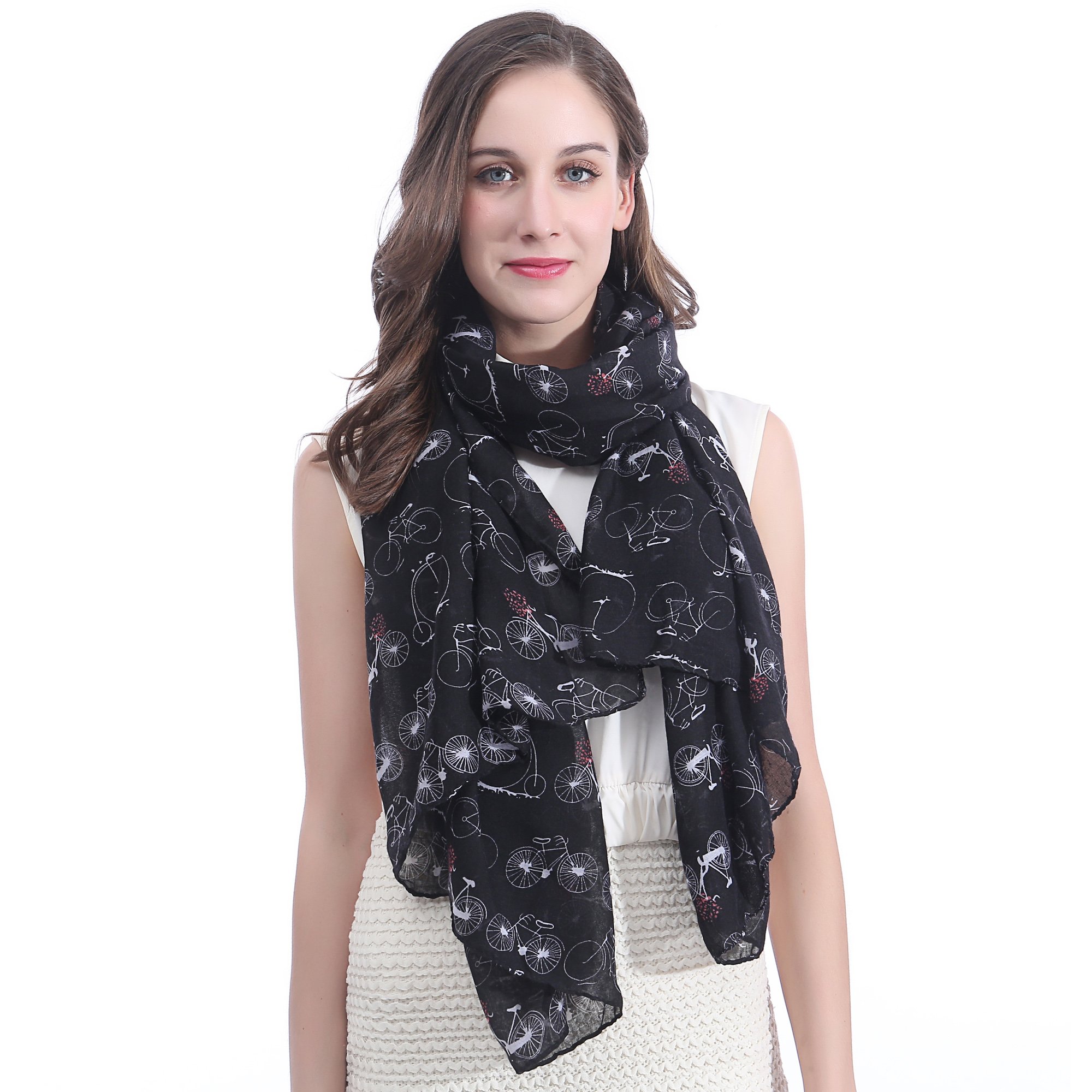 Lina & Lily Bicycle Print Women's Scarf Shawl Wrap Lightweight (Black)