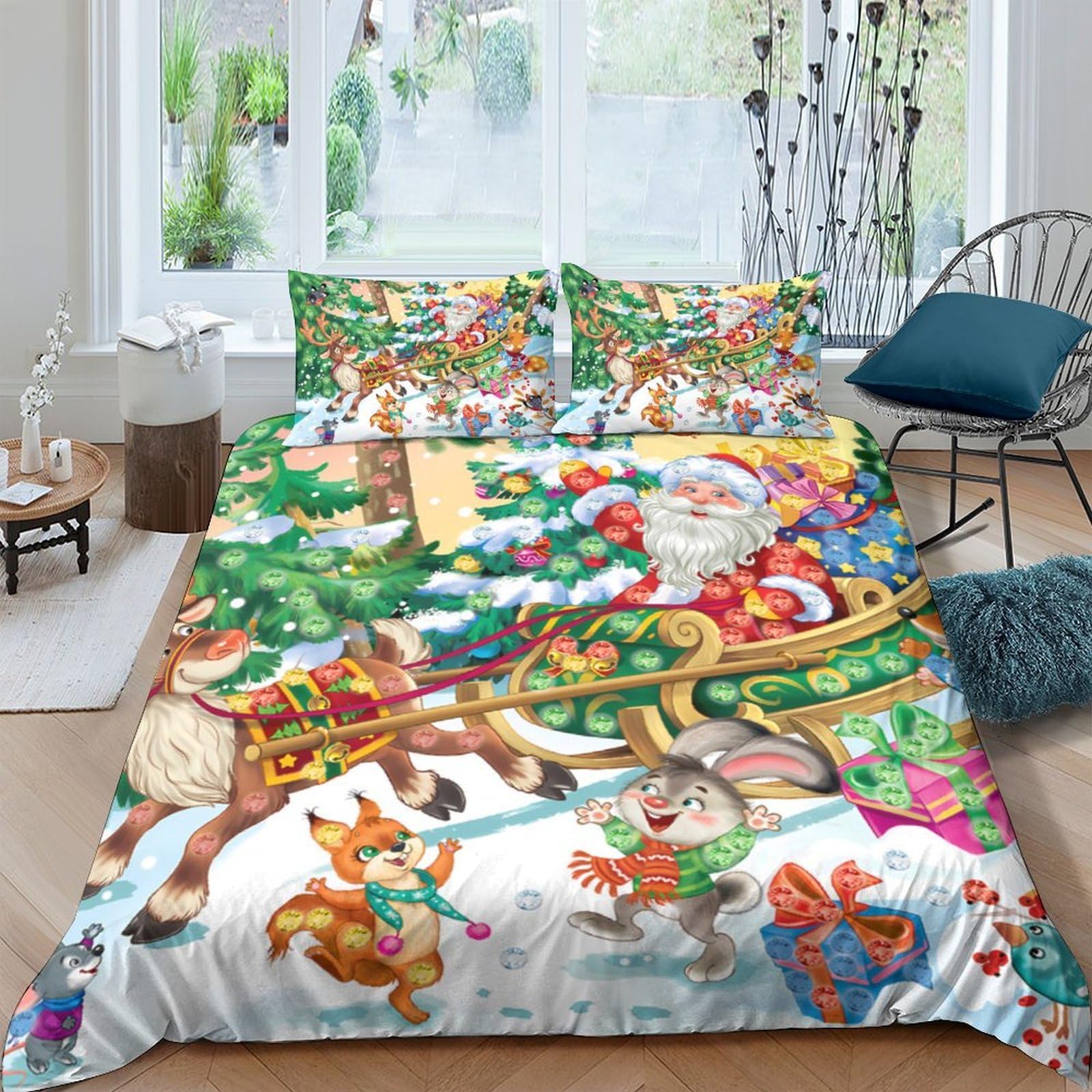 GPLZQXKJNH 3D Printed Christmas Santa Sleigh Duvet Cover Microfiber Soft Breathable Cartoon Reindeer Bedding Set with 2 Pillowcases for Bedroom Decor Single（135x200cm）