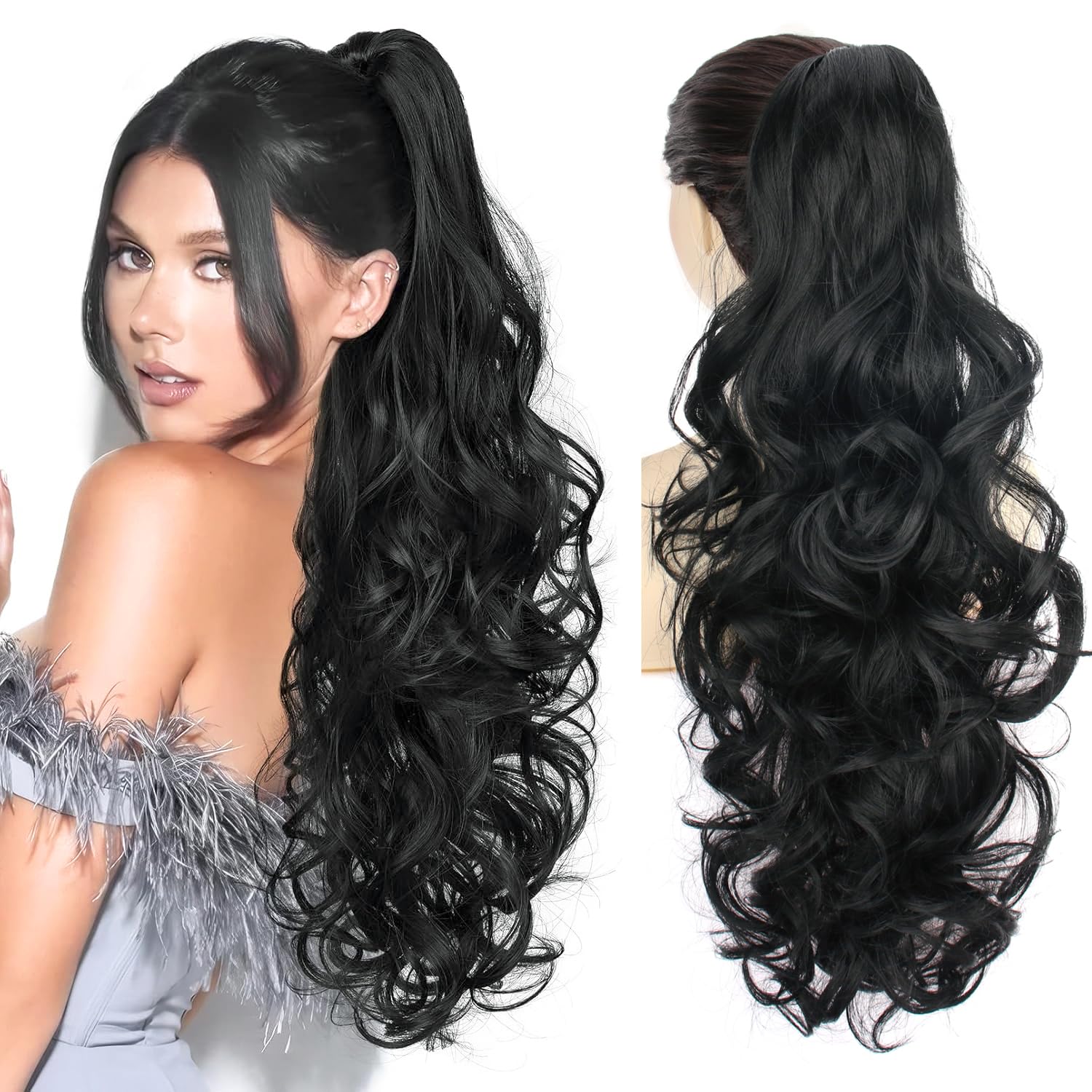 PORSMEER Ponytail Hair Extension Claw Clip in Ponytail Extensions Long Curly Wavy Ponytail Hair Extension Jaw Clip on Pony Tails Hairpiece for Women 26 inches (Black)