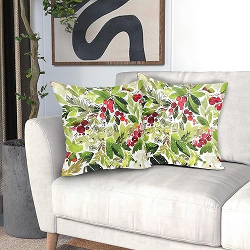 Miniatura 6 de Juego de 2 fundas de almohada de Navidad con acuarela de acebo de 16 x 16 pulgadas, con hojas verdes de temporada, bayas rojas, fundas de almohada