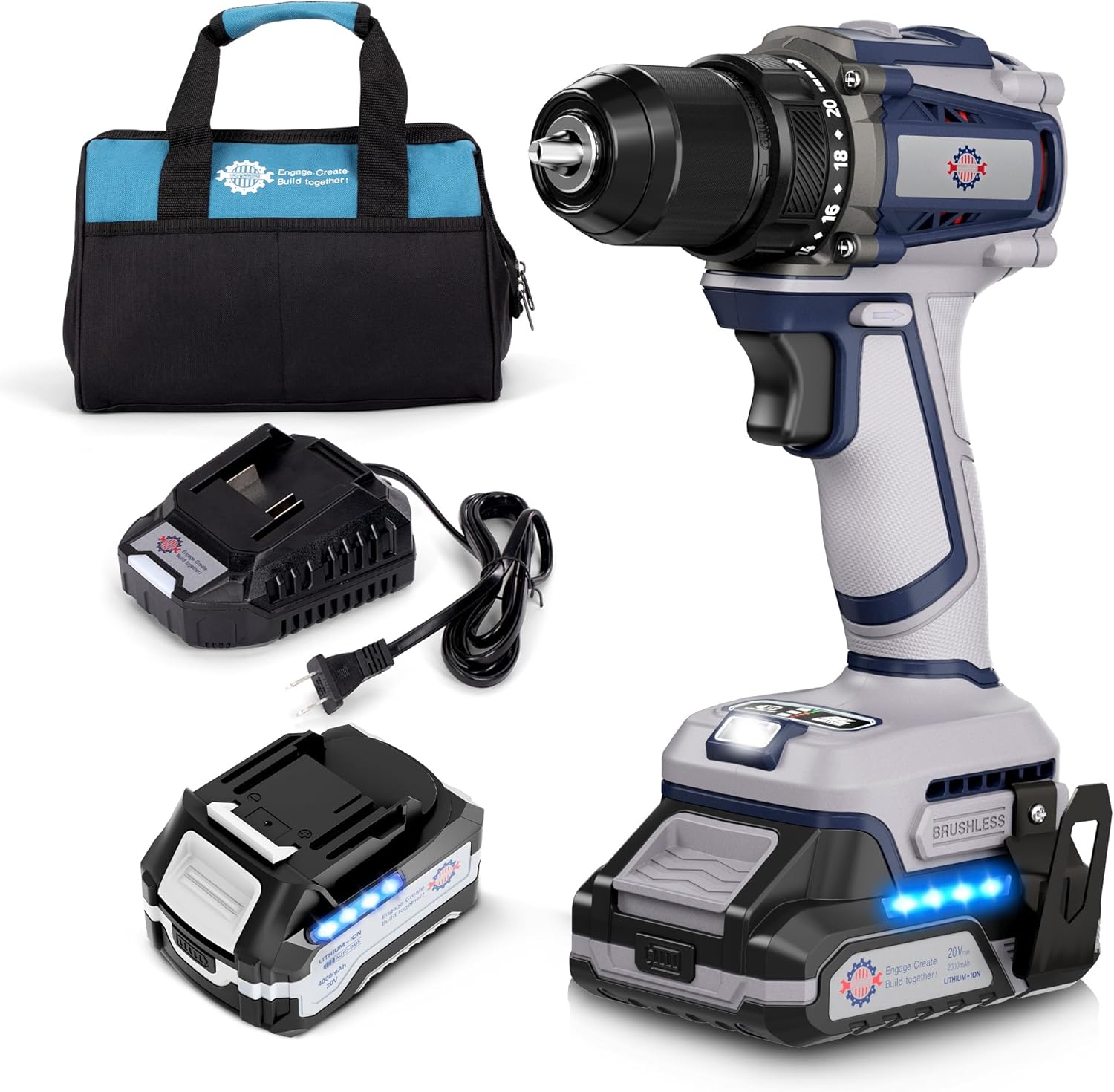 Taladro Inalámbrico 20V TurboVolt con 2 Baterías y Cargador, 70Nm