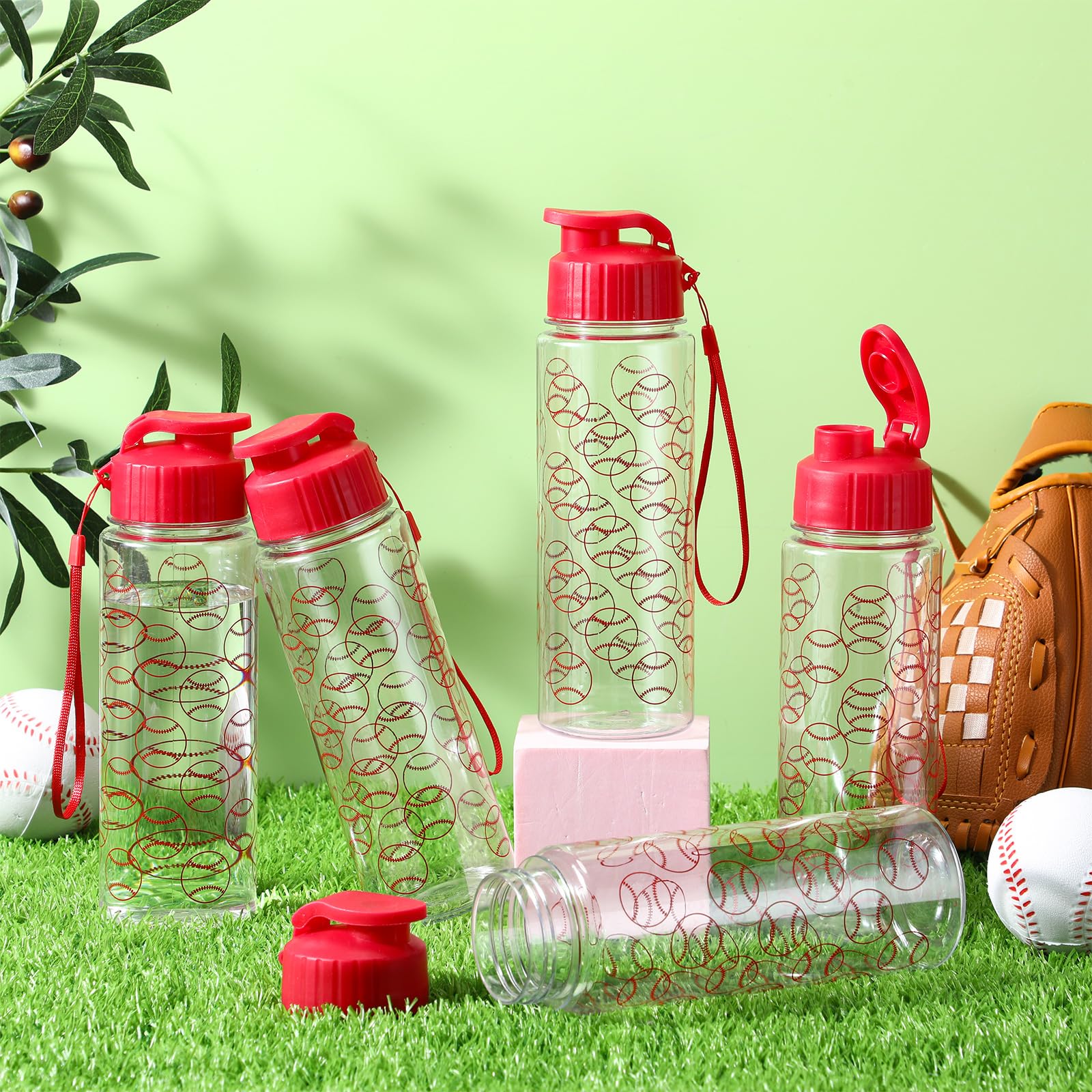 Funnymoom 12 botellas de agua de béisbol de 17 onzas, botella deportiva de béisbol con tapa abatible a prueba de fugas, botellas de agua de plástico reutilizables para equipo de béisbol, accesorios de
