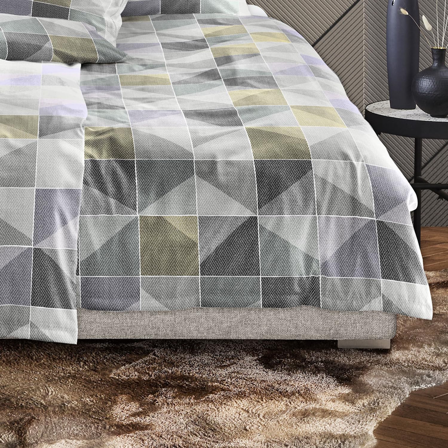 Irisette Feinbiber Bettwäsche 8646-30 Geometrisch Grau Gelb 135x200, 100% Baumwolle, warm, weich, atmungsaktiv, hautfreundlich, pflegeleicht, bügelleicht, mit Reißverschluss