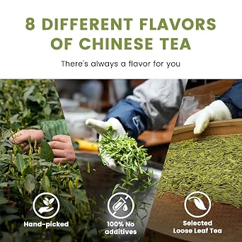 iTeaworld Loose Leaf Chinese Tea Sampler, 8 Flavors (Oolong Tea, Jasmine Flower Tea, Green Tea and White Tea), Each Flavor With 2 Packs Of Loose Leaf Tea Sampler, With Mediumly Caffeinated, Sugar Free for Health, 2.1oz | Up to 200 Cups|Longjing,Jasmine Black Tea ect.|2 Packs Each Flavor|No Additives|Easy Mug Brewing|Great Tea Gift Set