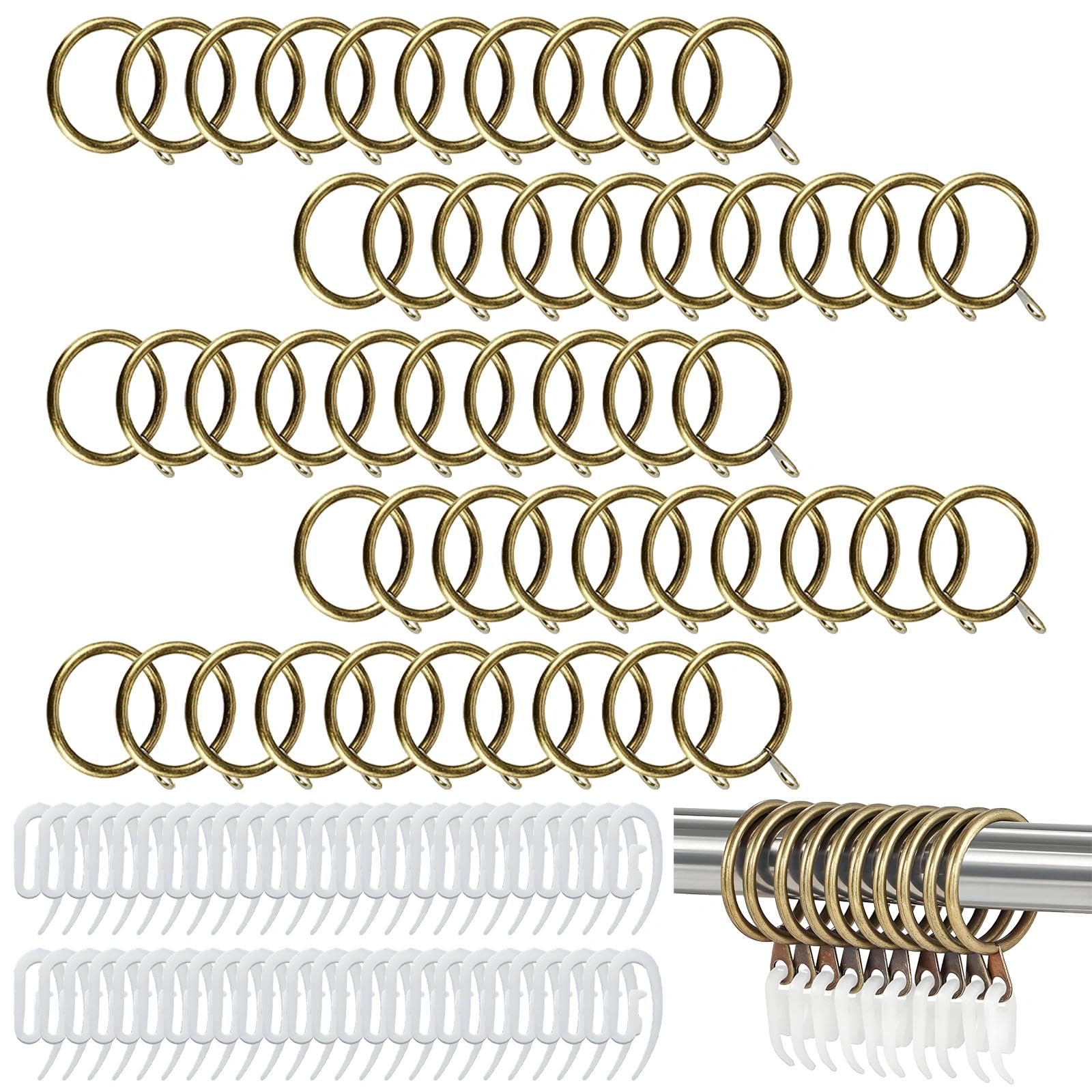 Plumaire Brass 50 Pack Metal Curtain Rings, 38Mm/1.5Inch Antique Curtain Rings, Metal Drapery Curtains Hanging Ring, With Small Hook, For Hanging Window, Pole, Shower Curtains