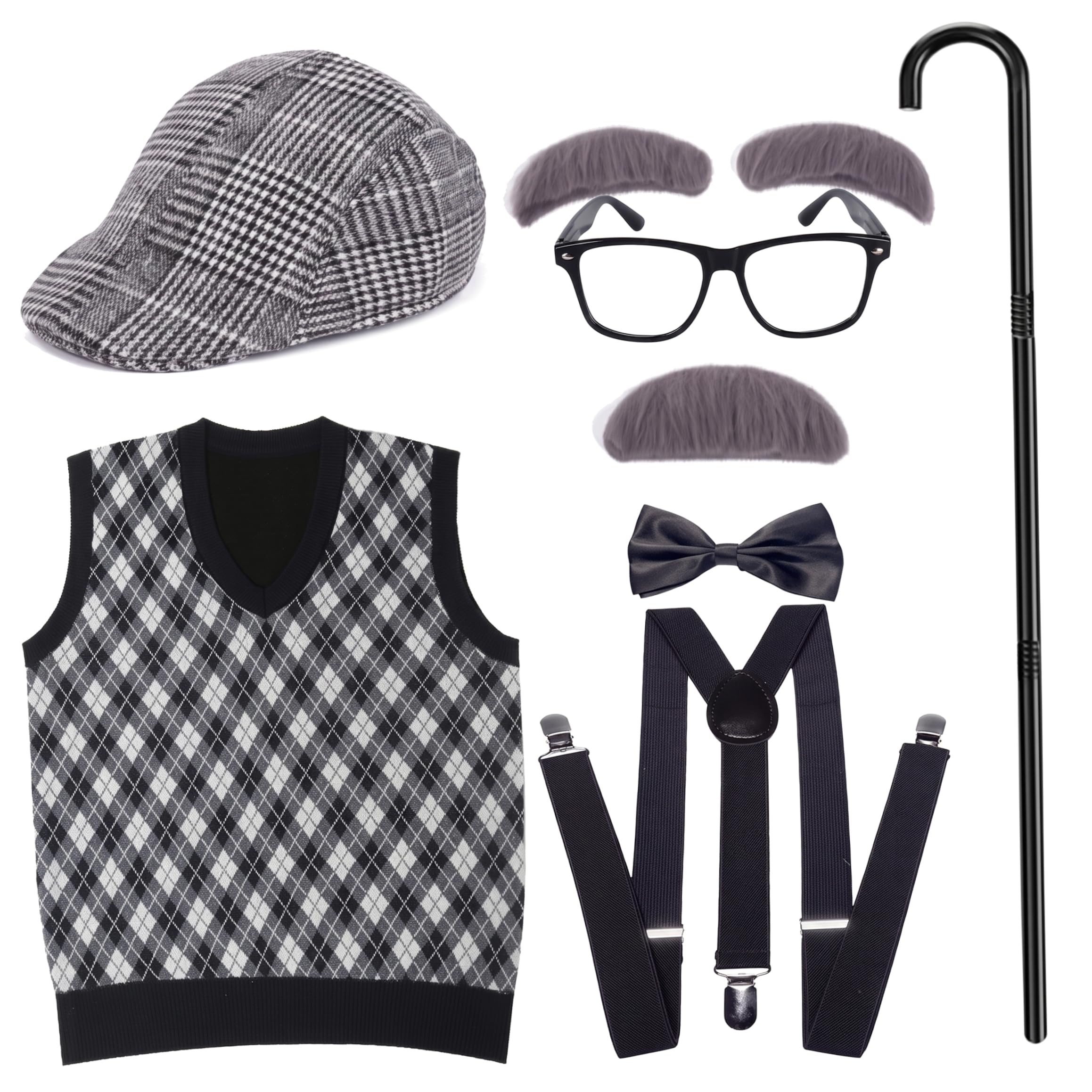 Disfraz de anciano para niños, conjunto de disfraces de abuelo para fiesta, disfraz de cosplay, negro, 43, 31 pulgadas