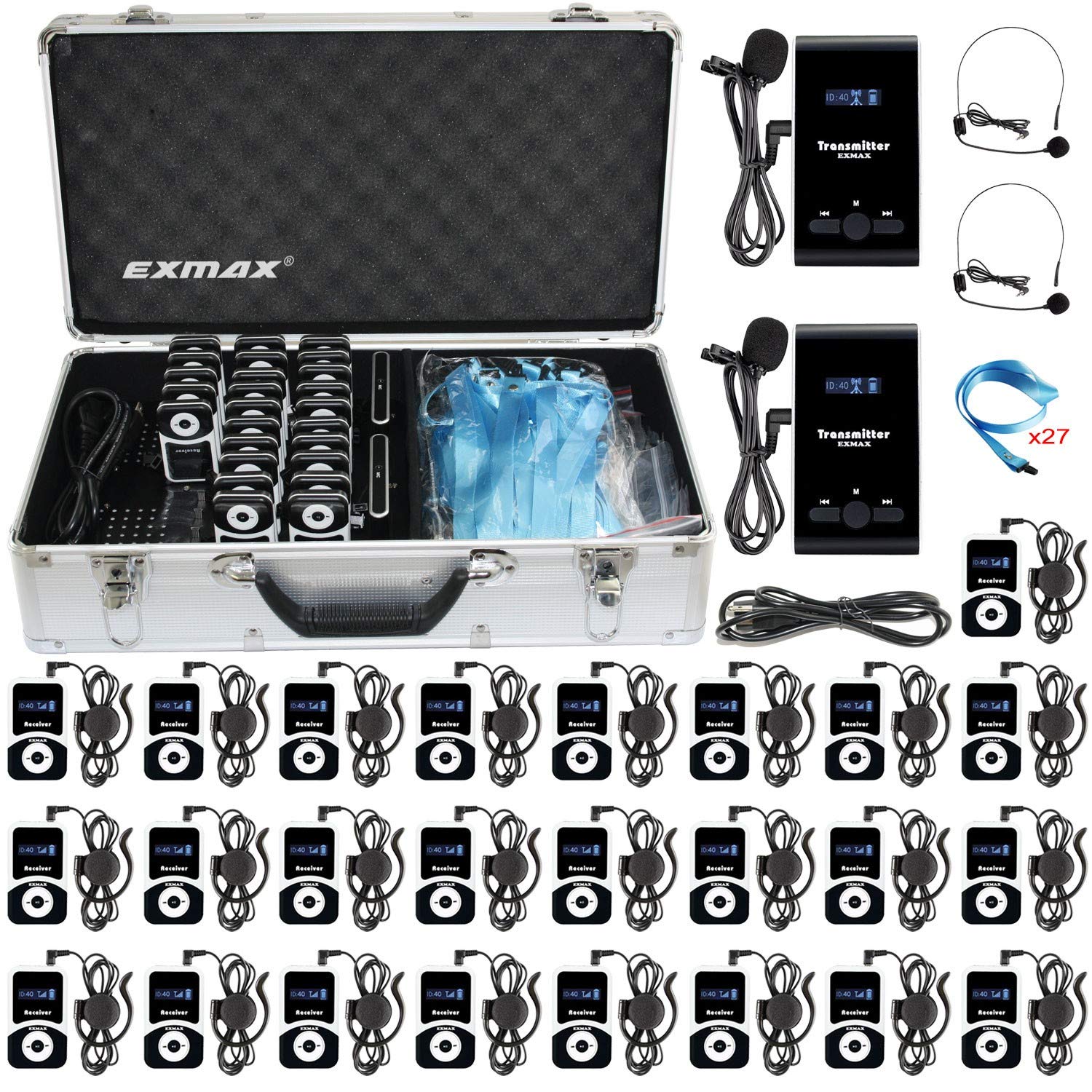 EXMAX Wireless Tour Guide Monitoring Voice Audio Transmission System ATG-100T 195MHz for Church Translation Conference Presentations(2 Transmitters & 25 Receivers + Aluminium Alloy Charge Case)