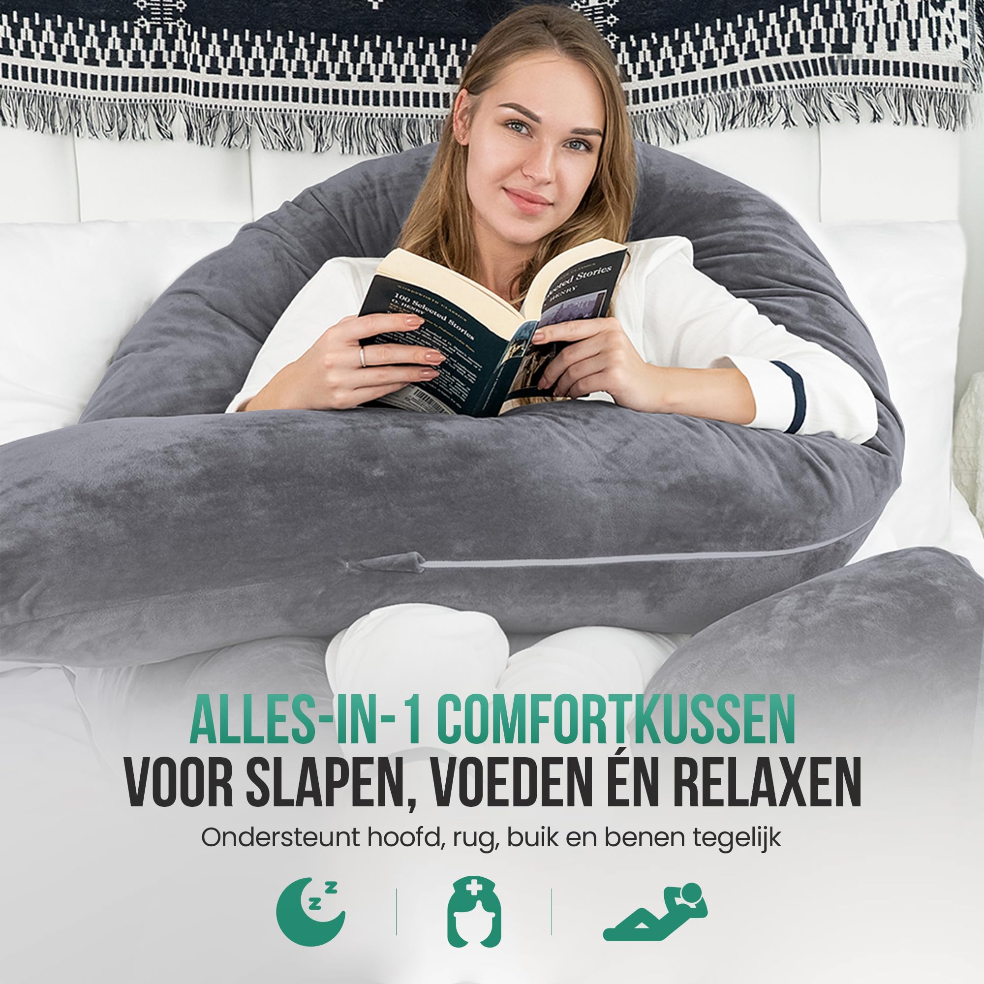 Avalo Cojín de Maternidad XXL 280 cm - Cojín lateral en forma de U - Cojín ergonómico para el cuerpo - Cojín de Nutrición y Almohada para el Cuerpo para Mujeres Embarazadas - Gris Oscuro