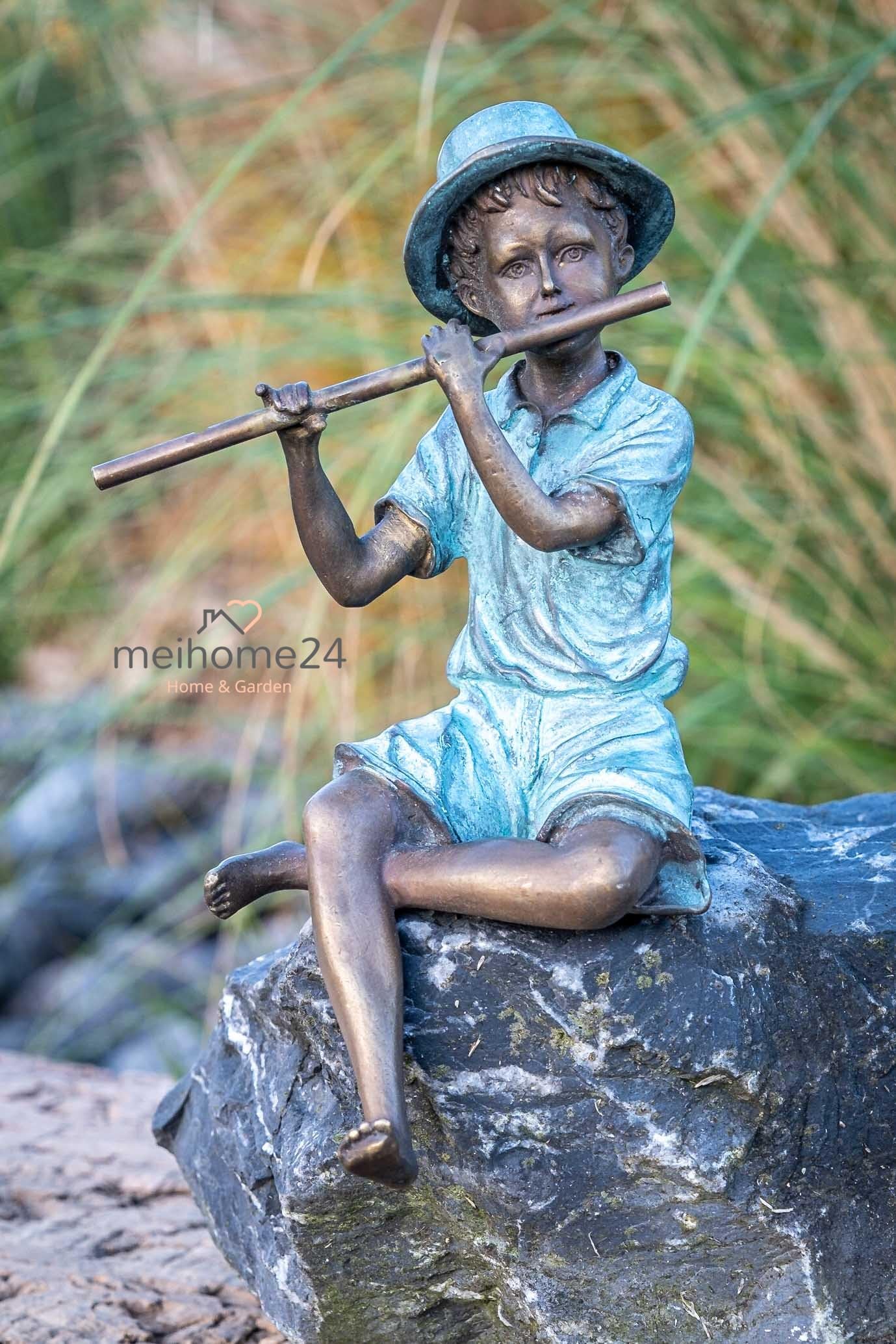 Generisch Bronze-Skulptur Junge | Kantenhocker | mit Querflöte | 12x10x20cm | Jungenfigur aus Bronze | handgefertigt