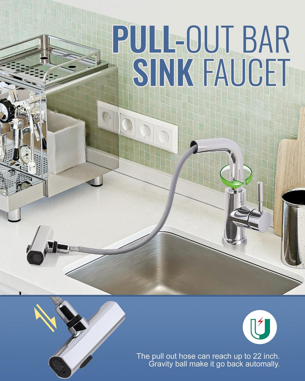 Bar Sink Faucet Single Hole - for Bar Small Kitchen Bathroom Faucets with cUPC Supply Lines, 3 Water Modes Wet Bar Faucets 360 Swivel Prep Sink Faucet with Pull Out Sprayer, Chrome