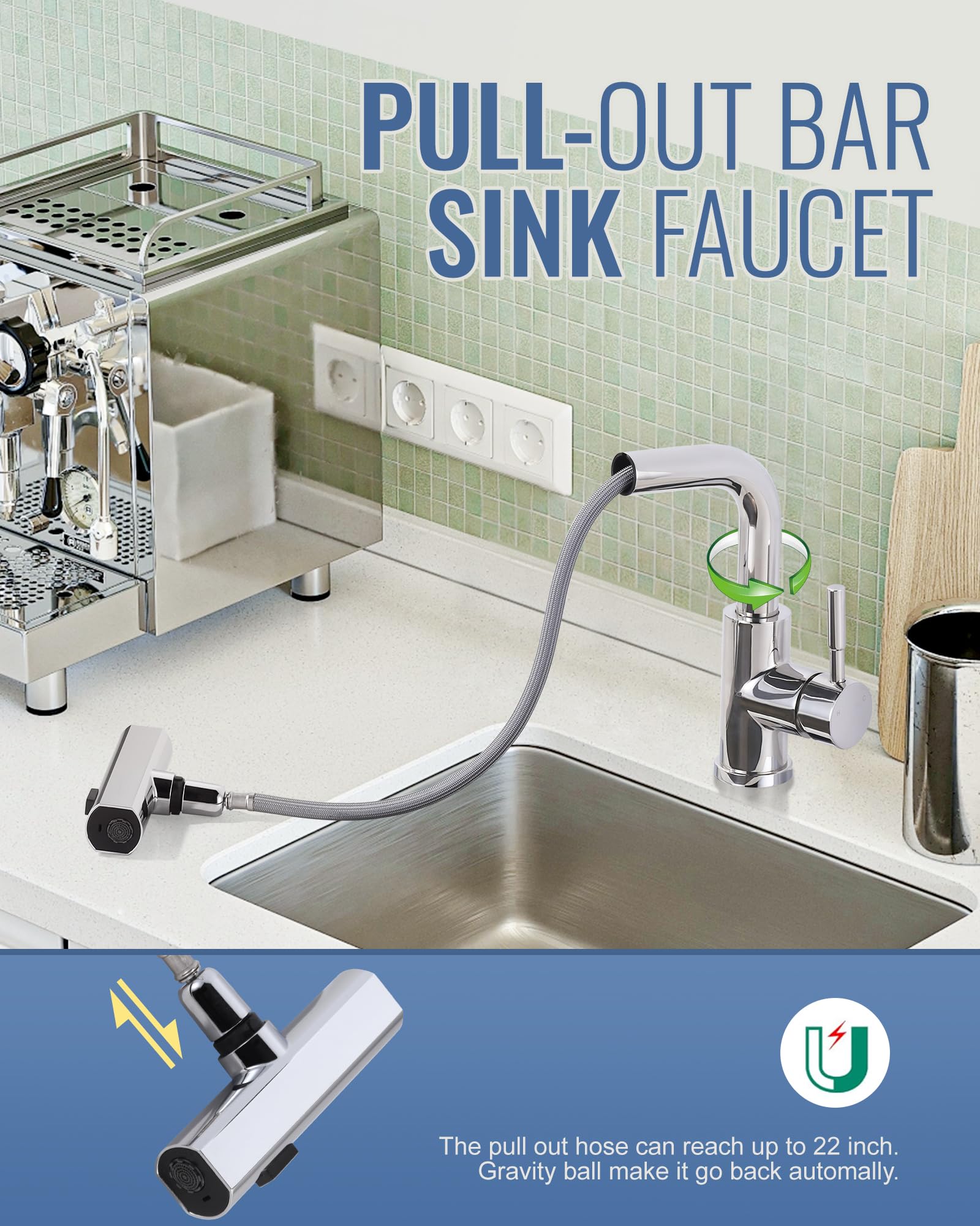 Grifo de fregadero de bar de un solo agujero, para grifos de bar pequeños de cocina y baño con líneas de suministro cUPC, 3 modos de agua, grifos de barra húmeda, grifo giratorio de 360 grados con