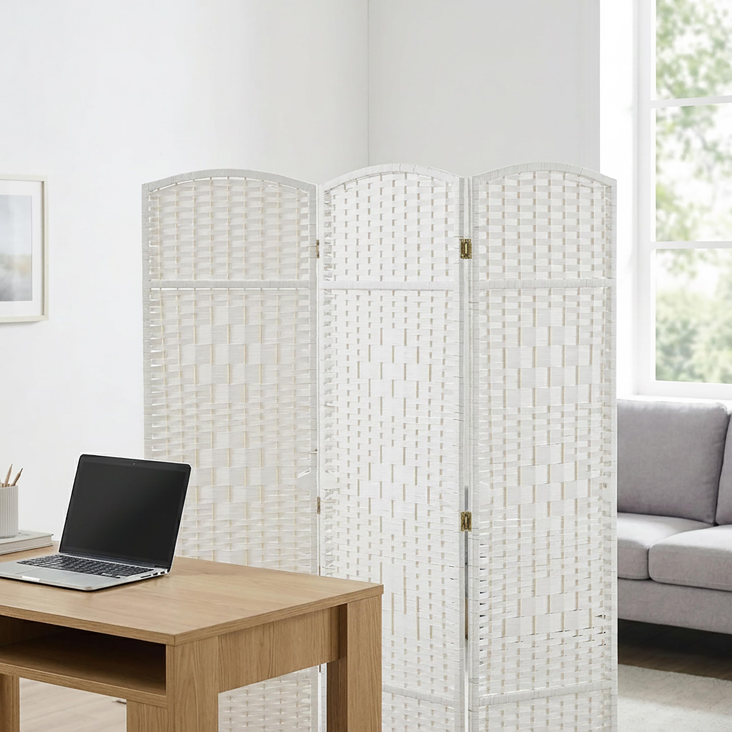 Relaxdays Paravent, Bois et Corde de Papier, Brise-Vue Pliable, 3 Volets, H x L : 170 x 120 cm, pour intérieur, Blanc