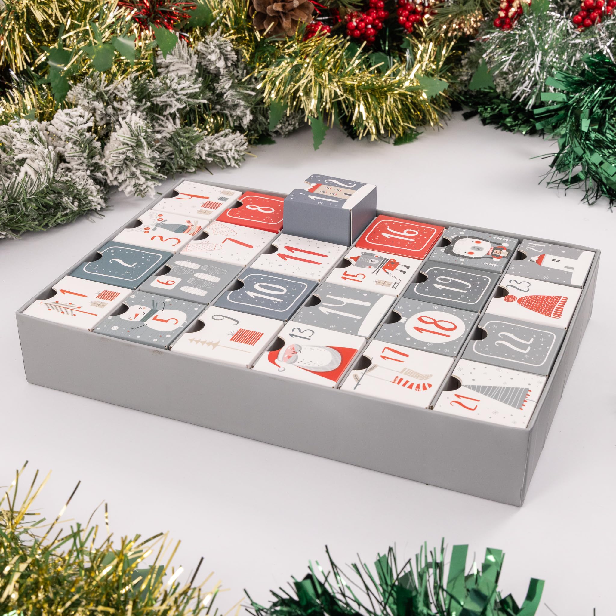 Adventskalender zum selber befüllen, 24 Tage wiederverwendbar, 1-24 leere Schubladen für Weihnachts-Countdown (Grau)