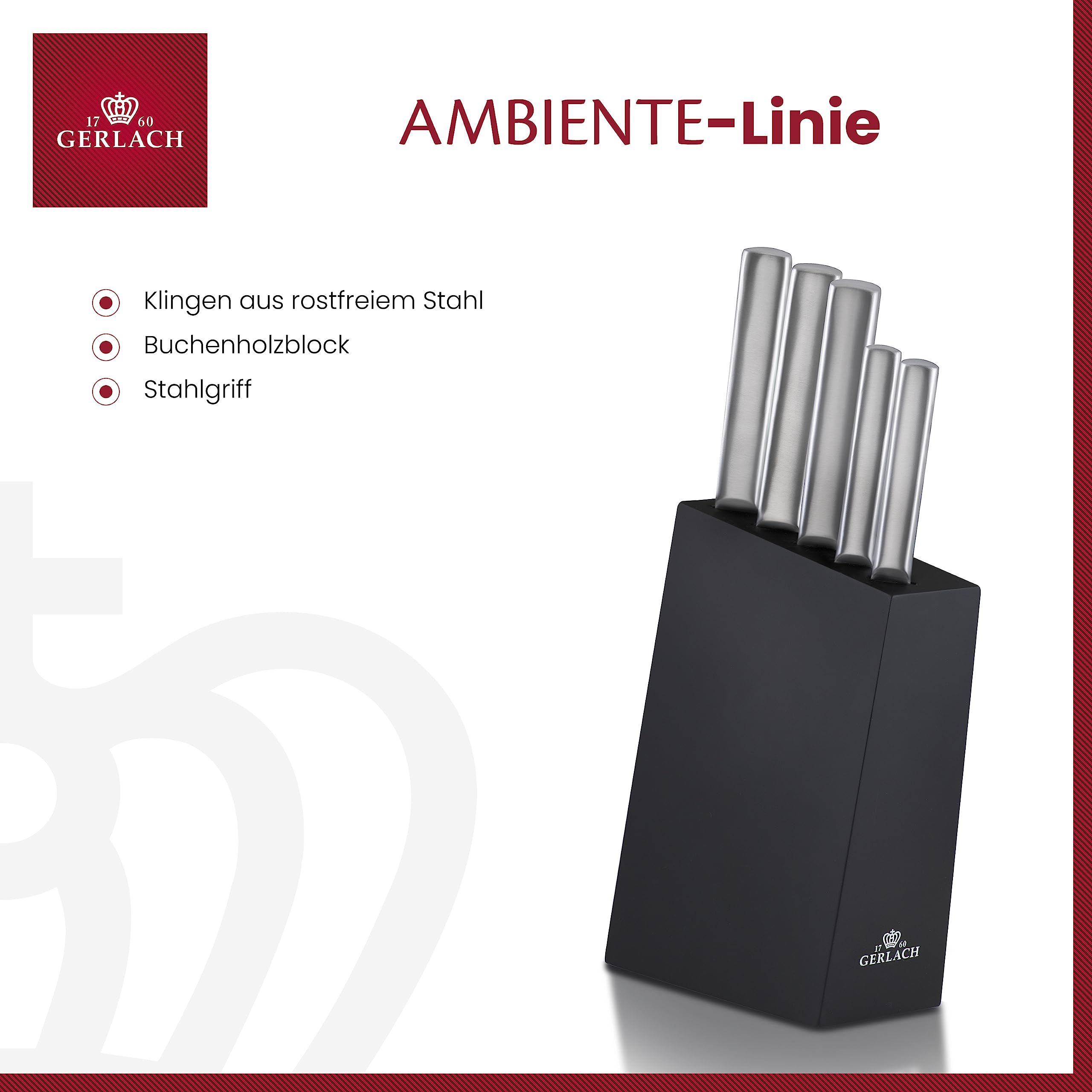 Gerlach 1760 Set Couteau Cuisine En Acier Inoxydable Ensemble De 5 Couteaux 1 x Couteau De Chef 1 x Couteau À Pain 2 x Couteau De Cuisine 1 x Couteau À Légumes 54-55 HRC Ambiente