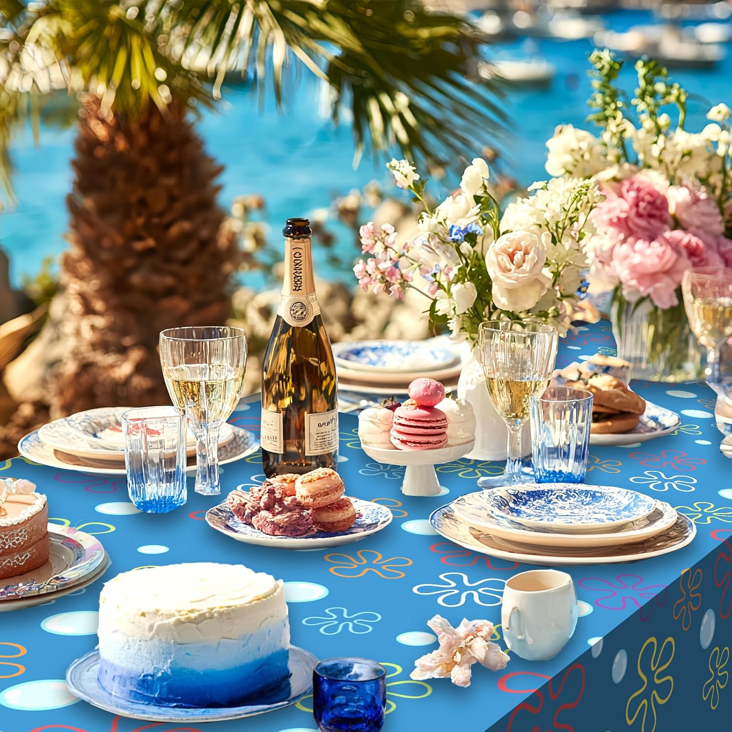 OQOQ Ocean Flower Table Cloth(3 Packs), 108 x 54 Inches Disposable Cartoon Birthday Party Rectangle Tablecloth Plastic Table Covers for Baby Shower Kid Birthday Party Supplies image 5