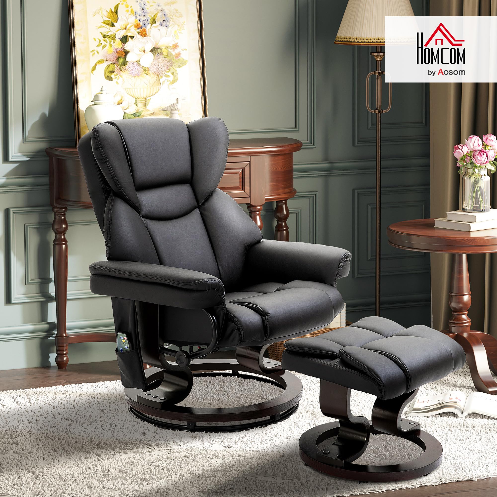 HOMCOM Poltrona Relax Elettrica con Pouf Poggiapiedi e Funzione Massaggio, Poltrona Reclinabile a 145° con Seduta Girevole a 360°, Rivestimento Finta Pelle, Nero