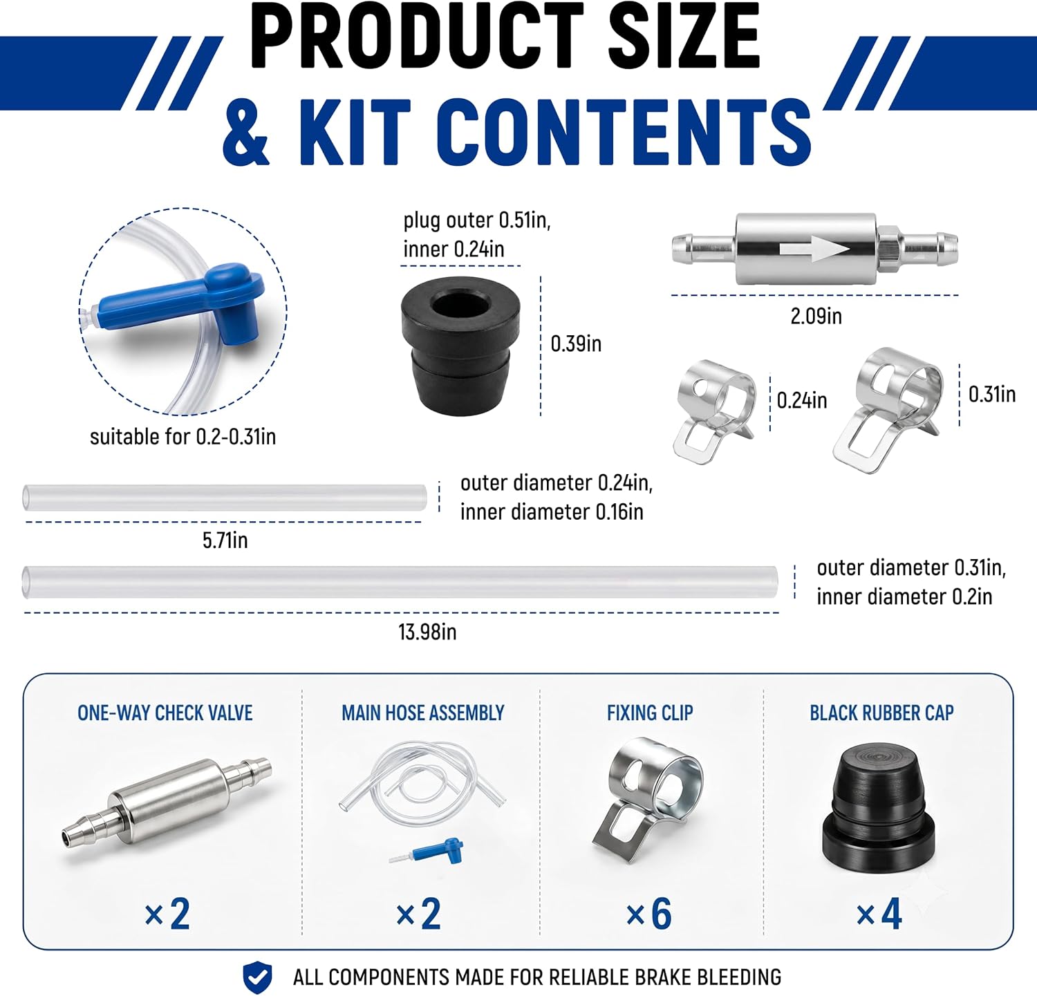 2 Pack Brake Bleeder Hose Kit, One-Person Brake Fluid Bleeder Hose with one way brake bleeder valve for Cars, Motorcycles and Hydraulic Clutch, Rubber Adapter, Dust Caps and Metal Clips