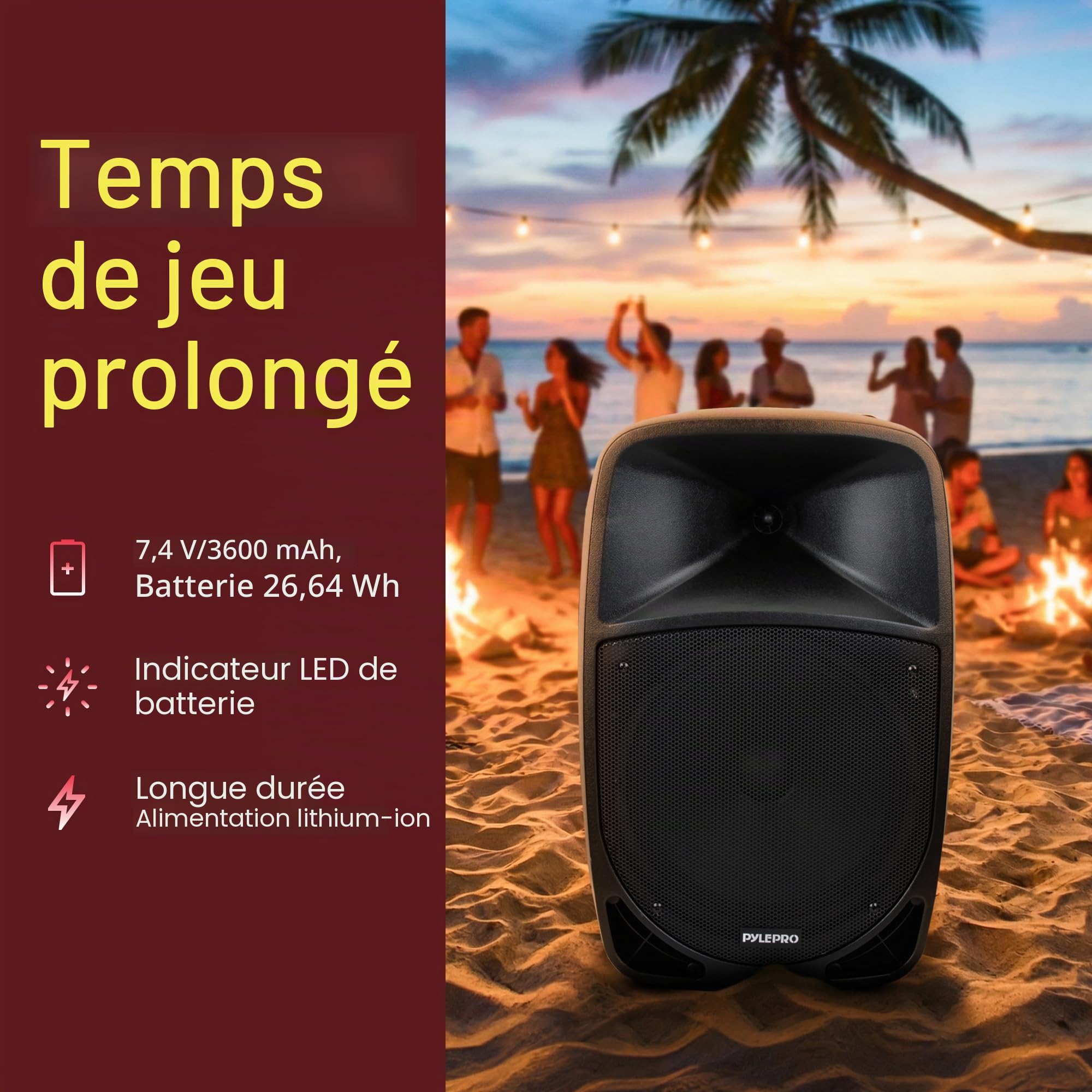 Pyle Enceinte Bluetooth Portable,1200W, Haut Parleur Bluetooth avec Subwoofer,Lumières Indicatrices de Batterie LED avec Batterie Rechargeable Intégrée, Lecteur MP3/USB/SD, Microphone sans Fil, Noir