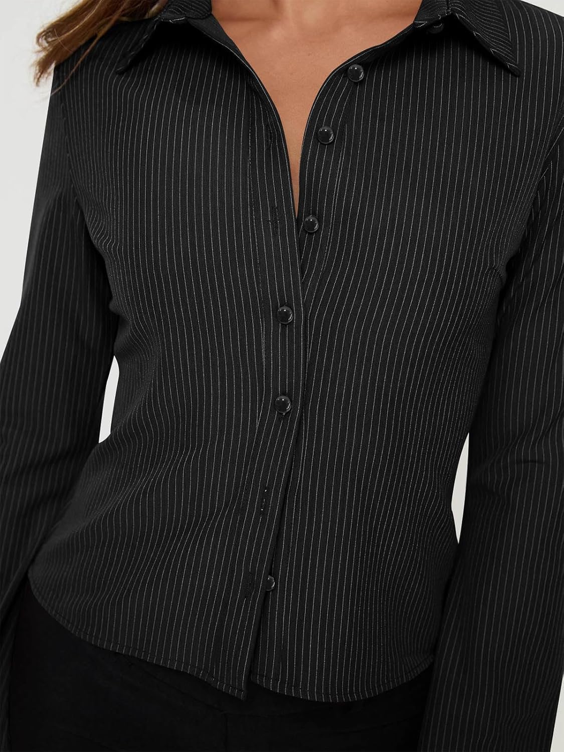 VNIRA Women’s Button Down Shirts Striped Long Sleeve Collared Casual Work Blouses Slim Fit Going Out Tops - Image 2