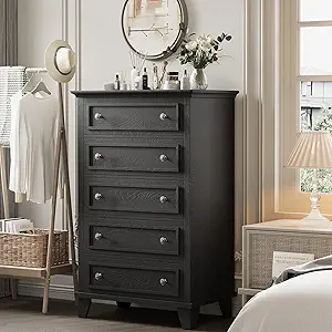 GAOMON Black 5 Drawer Dresser for Bedroom, 48" Tall Wood Dresser & Chests of Drawers with Deep Drawers, Modern Chest Organizer with Metal Handles for Living Room, Hallway, Entryway
