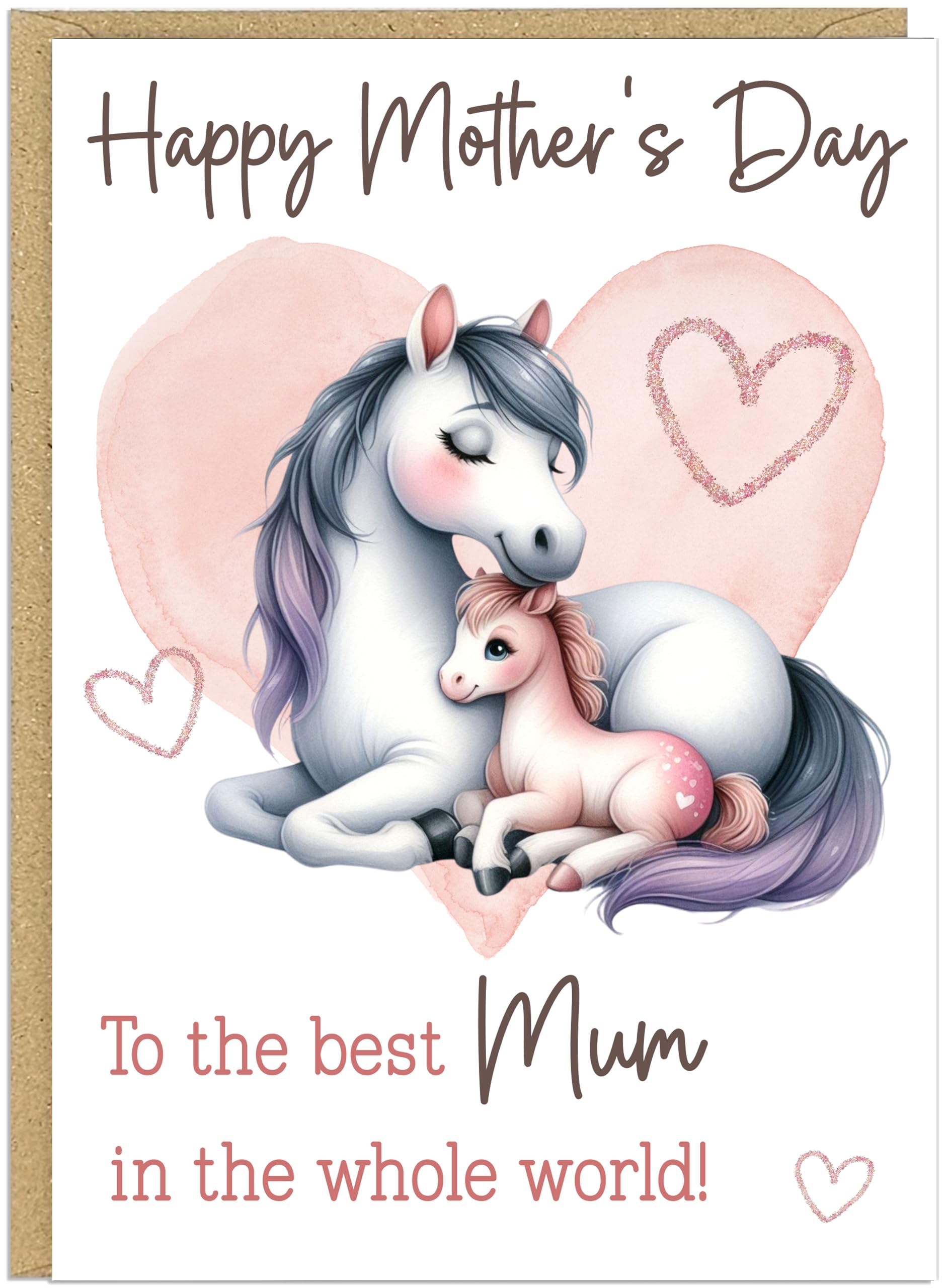 Personalised Happy Mother's Day Greeting Cards Custom Own Name For Mummy Mum Grandma Nanny Nan Best in World Cute Heart Animal Designs in A5 (Horses)