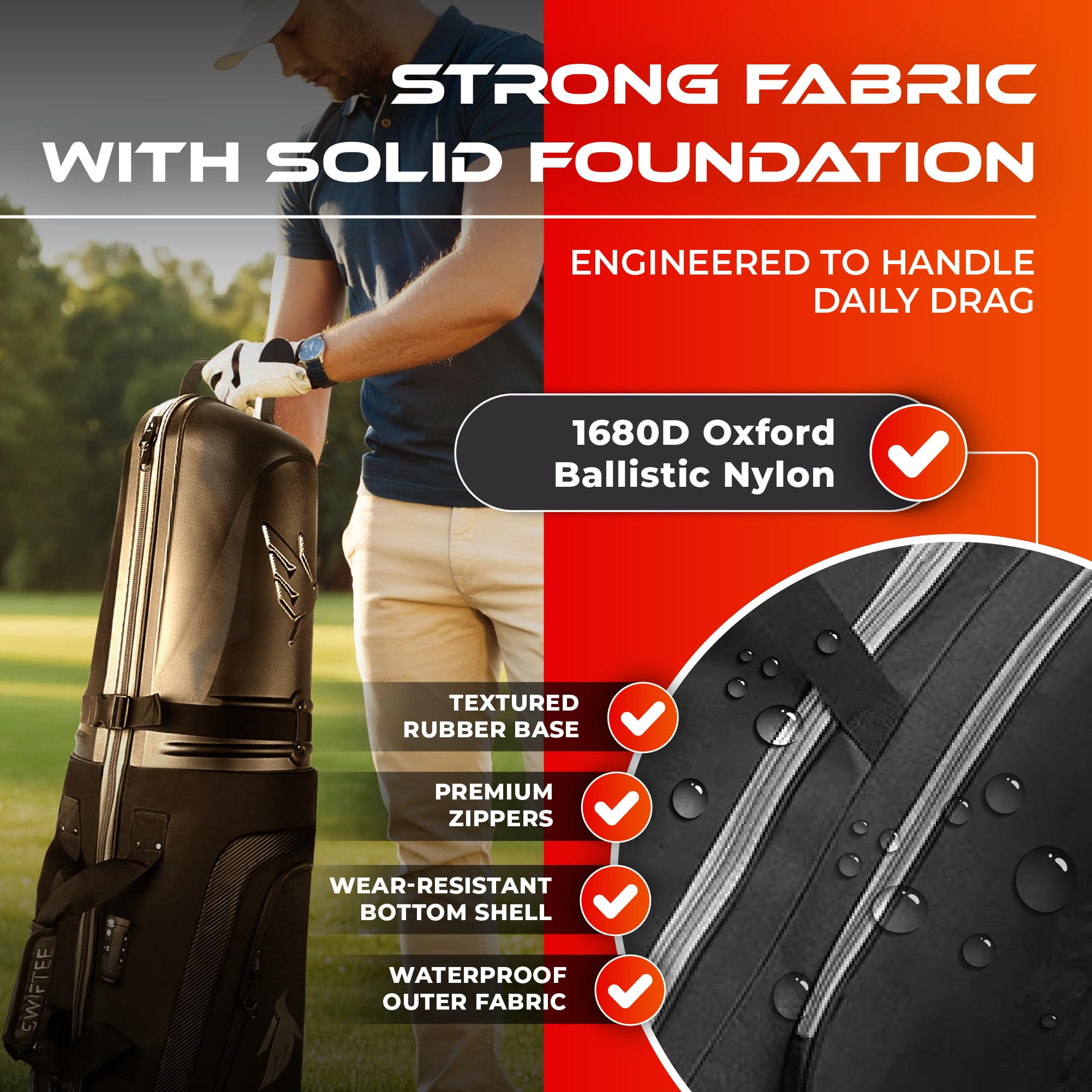 SWIFTEE Borsa da golf da viaggio di alta qualità con custodia rigida Swiftee Top & TSA Lock - Tessuto Oxford 1680D, ruote oversize, trasportino aereo leggero per la massima protezione del club