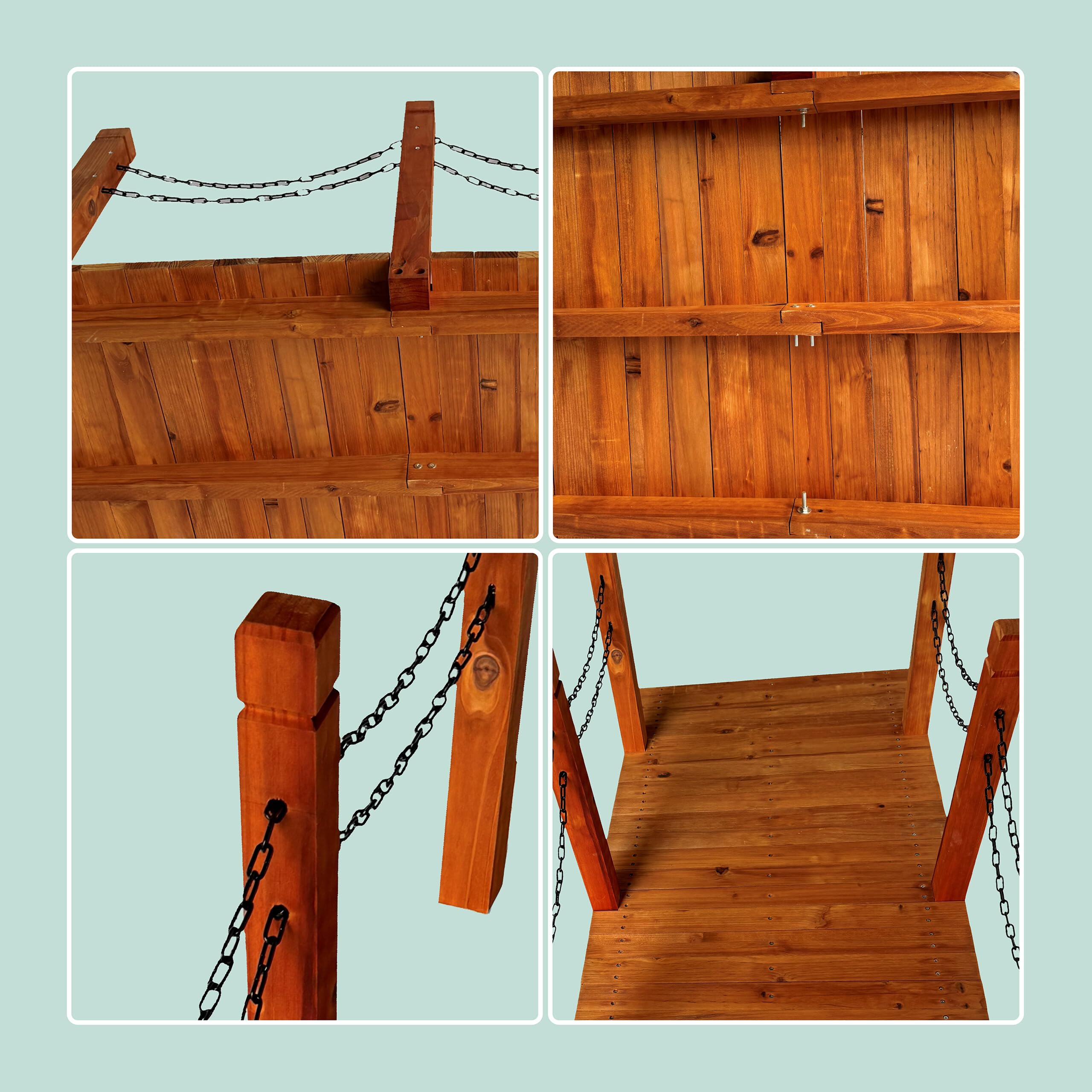 Relaxdays Garten Brücke, Pfosten mit Ketten, Tannenholz, für Gartenteich, HxBxT: 55 x 150 x 67 cm, Holzbrücke, orange