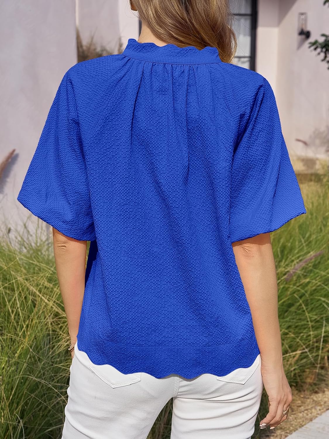 Tankaneo Womens V Neck Puff Sleeve Tops Oversized Textured Blouses Dressy Casual Summer Loose Fit Tee Shirts - Image 5