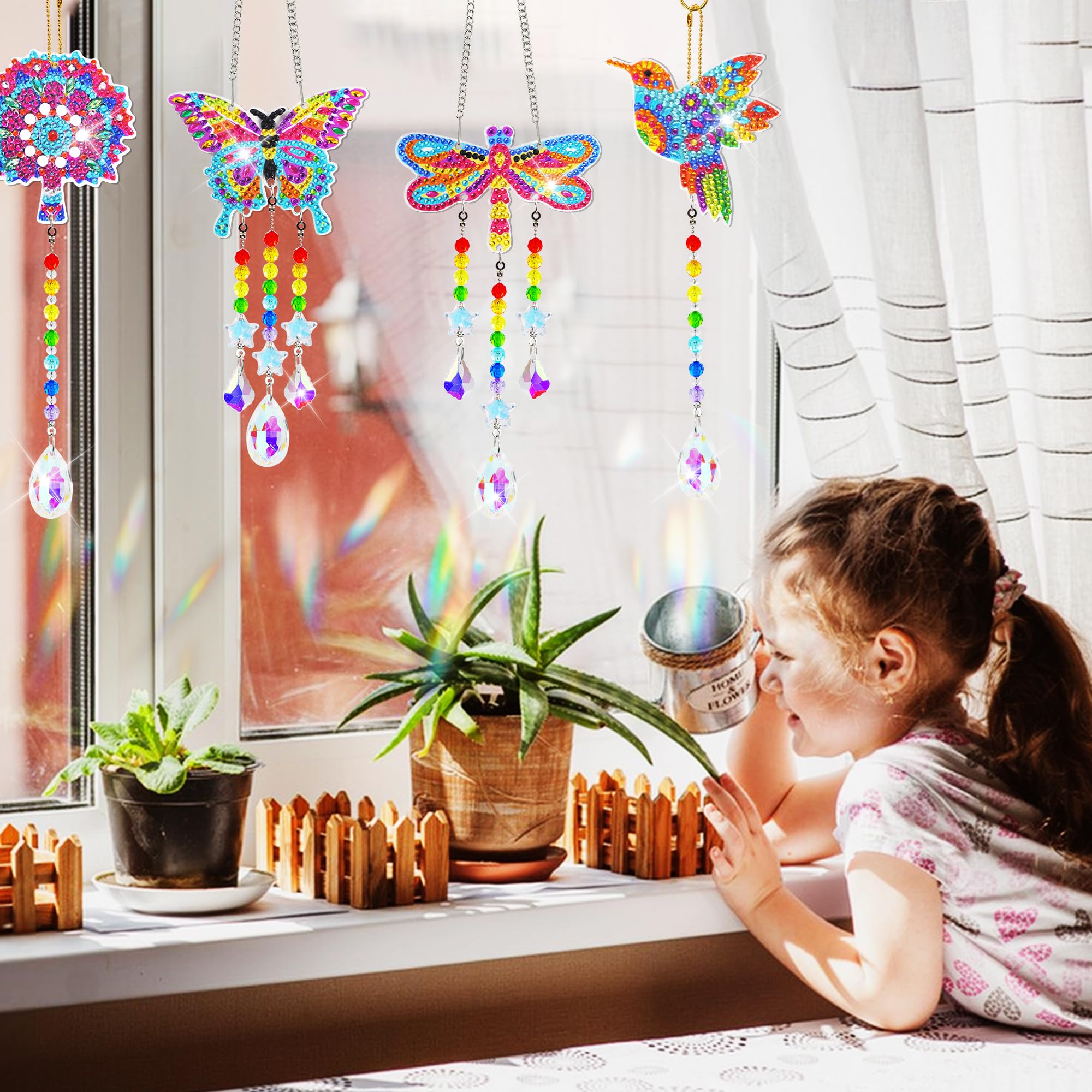 LYLIDIA Diamant Peinture Attrape-Soleil 5Pcs DIY Carillon à Vent En Cristal Double Face Diamond Painting Kit Enfant 5D Porte-clés Peinture Diamant Pendentif Prisme Décoration Pour Fenêtre Cour Jardin