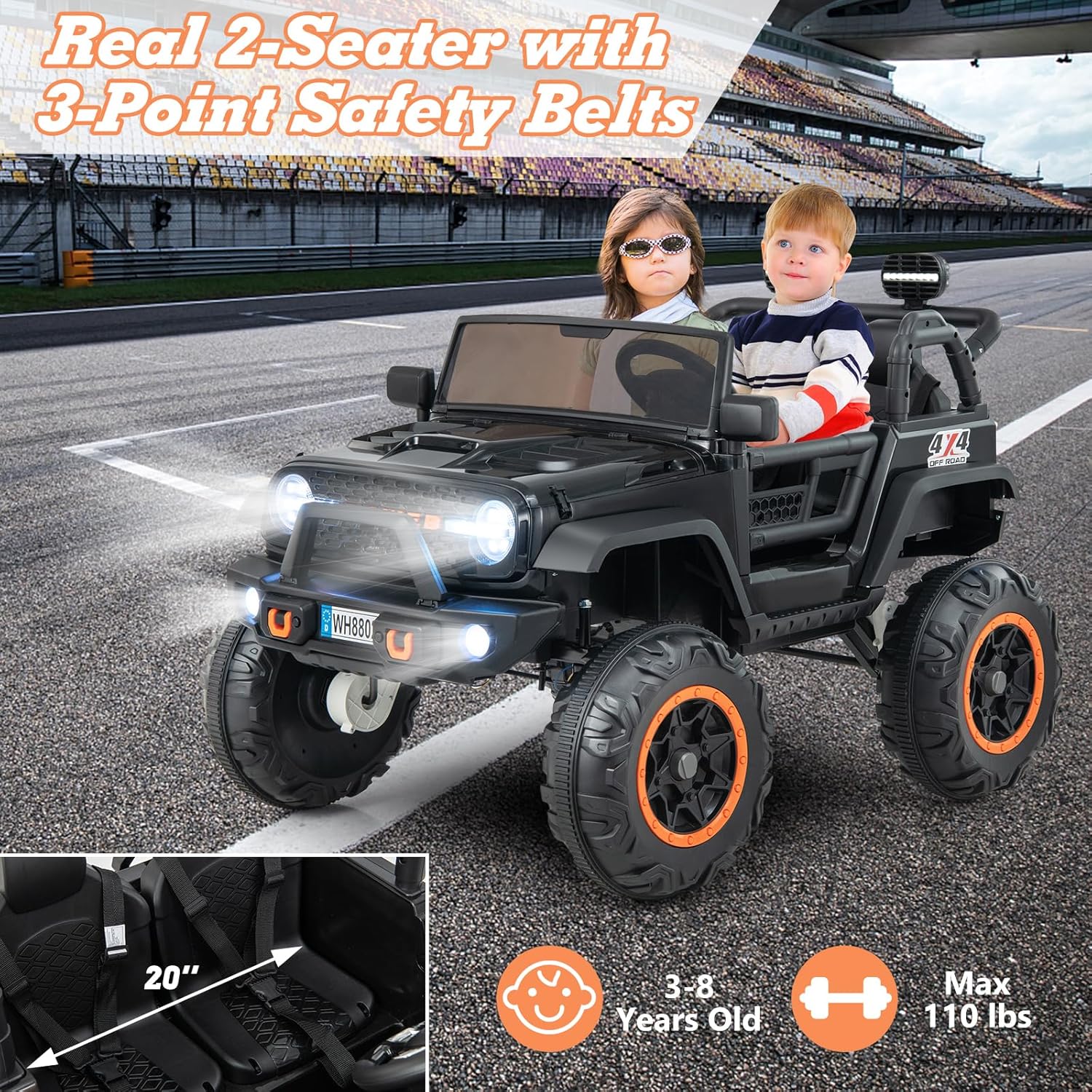 OLAKIDS 24V Ride On Car, 2WD/4WD Switchable 2 Seater Kids' Electric Vehicle Jeep Truck with 20" Wide Seat, 4X550W Power Wheels, Remote Control, Soft Brake, LED Light, Music (Black)
