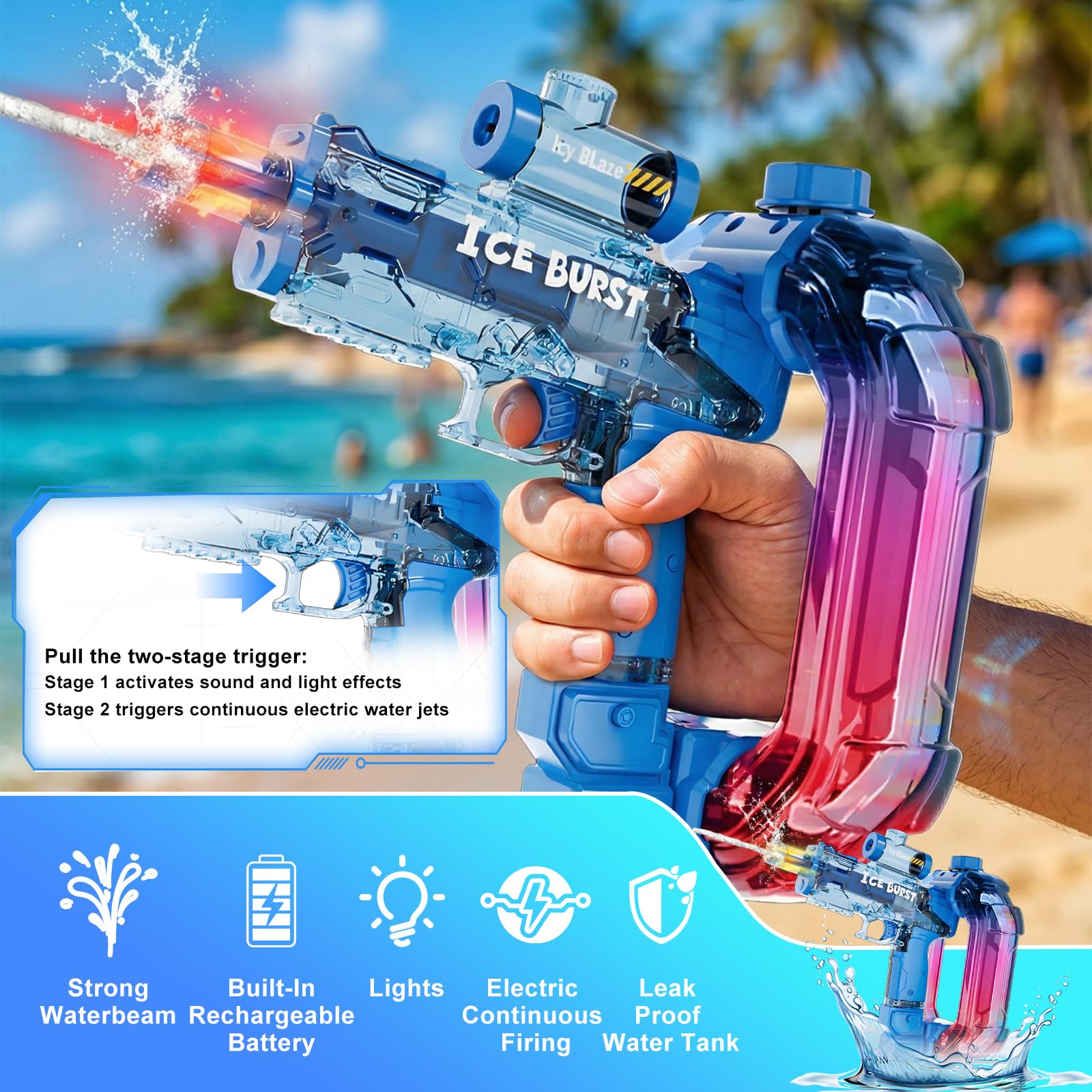 Pistola De Agua EléCtrica para NiñOs, Pistola De Agua Largo Alcance, AutomáTica Electric Water Gun con Luz Led, Juguetes De Verano Regalo para Adultos NiñAs 6 7 8+ (Pistola Azul)