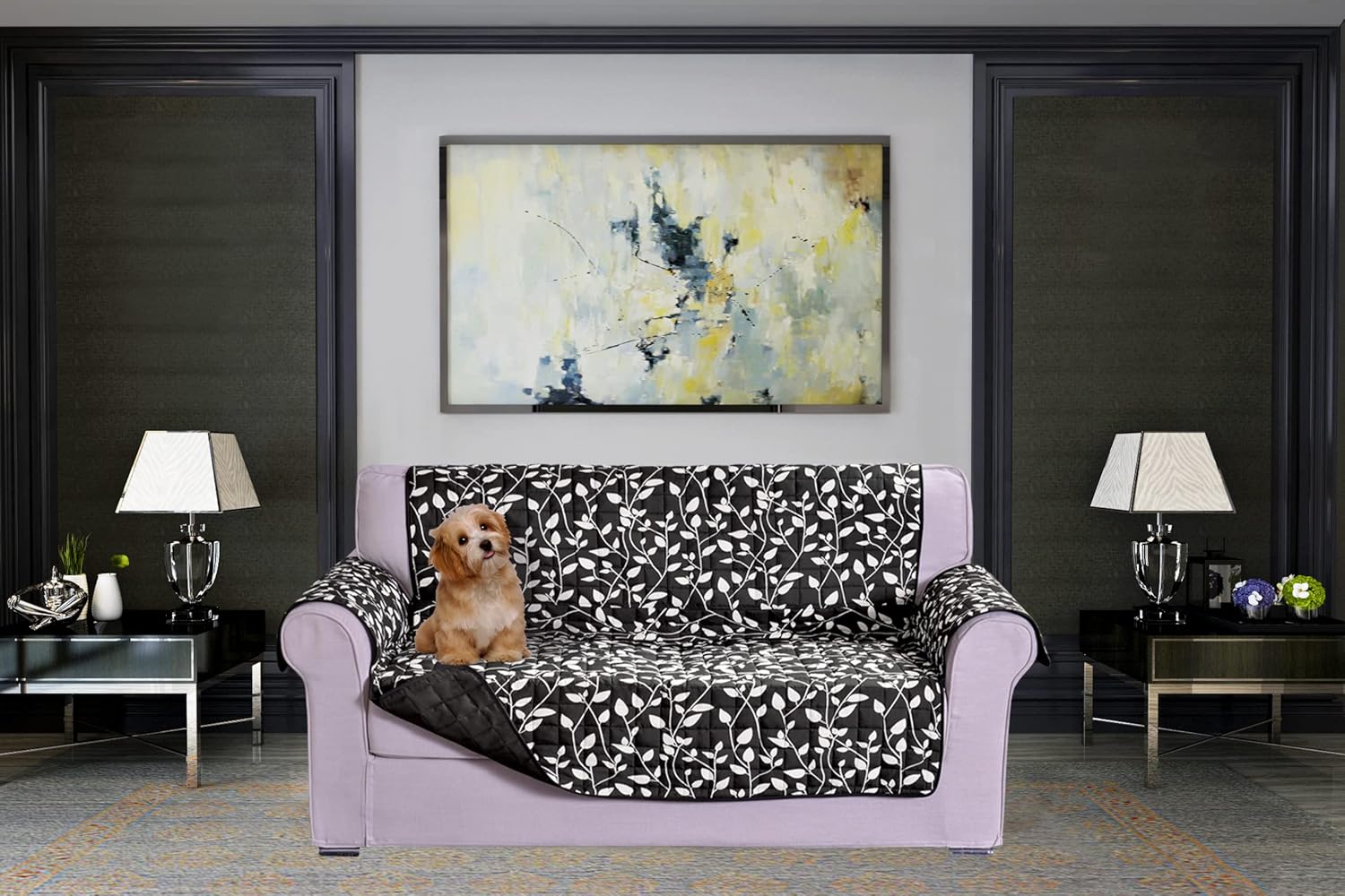 Elegant Comfort Quilted Furniture Protectors Solid and Printed Design Reversible Slipcovers Featuring Elastic Straps and Smart Pockets Great for Pets, Kids and More, Smart Leaf Sofa, Cream