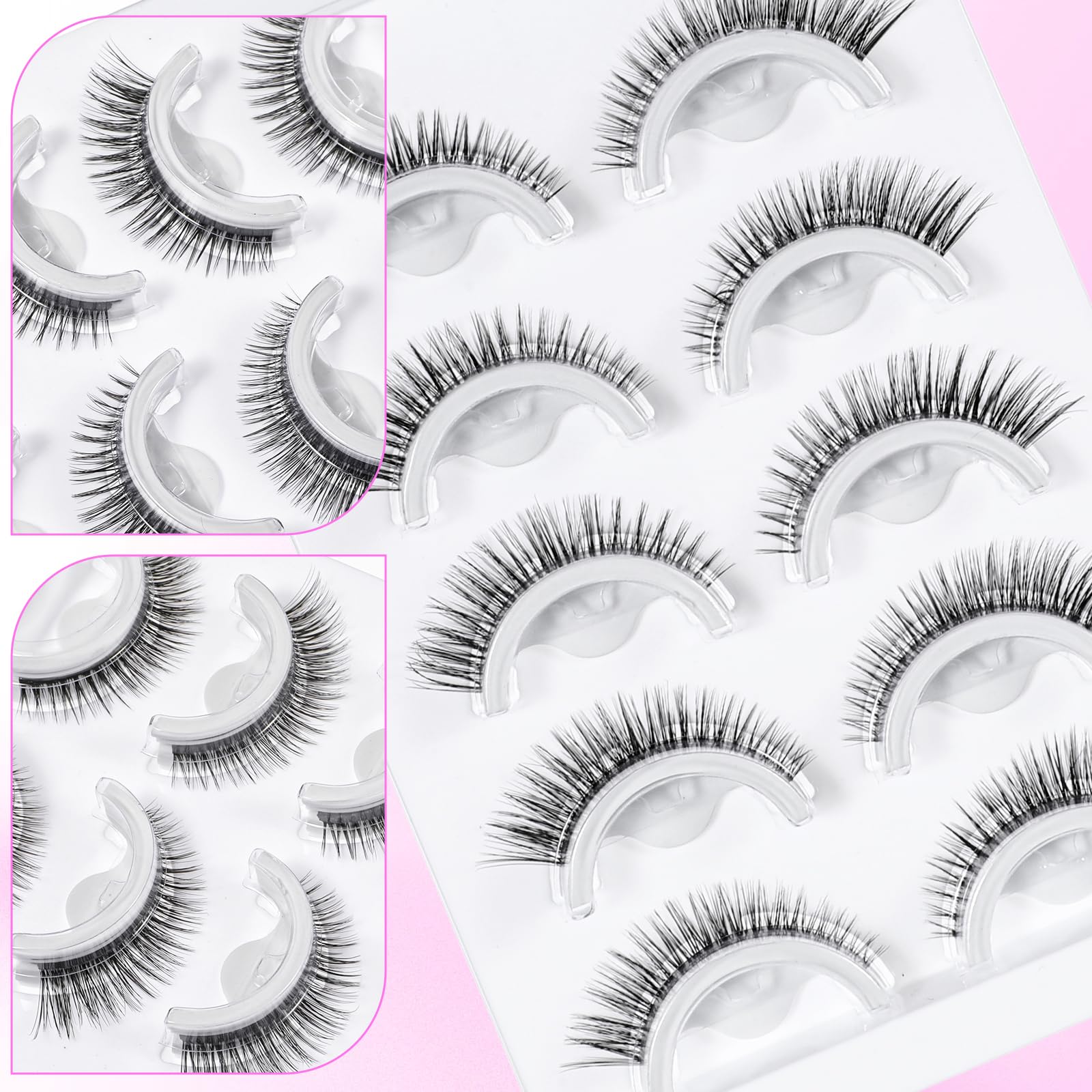 5 Paires Faux Cils Autoadhésifs Look Naturel Cil Pressés Sans Colle Réutilisables Pré-collés Imperméables Effet Œil de Chat Bandes de Cils 10-15mm