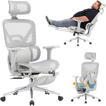 Ergonomic Office Chair with Footrest, High Back Mesh Computer Chair with Lumbar Support, 5-Level Backrest Height, 4D Flip-Up Arms for Home & Gaming Desk Gray Mesh 3-Zone Lumbar Support+4D Armrest