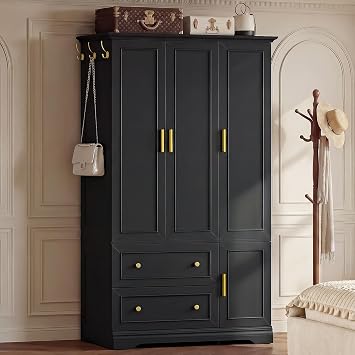 YESHOMY Armoire Wardrobe Closet with Drawers, 70.9" H x 21.1" D Wooden Closet with Hanging Rod, Fixed Shelves & Bottom Cabinet, Soft-Close Doors, Ball-Bearing Slides Matte Black