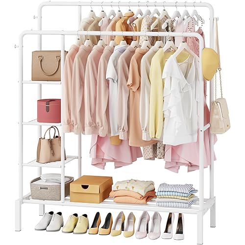 JOISCOPE 47'' * 65'' Heavy Duty Clothes Rack, Double Rods Clothing Racks for Hanging Clothes, Garment Rack with 4 Tier Closet Shelves & 4 Hooks for Clothing Storage, Metal White Clothing Rack