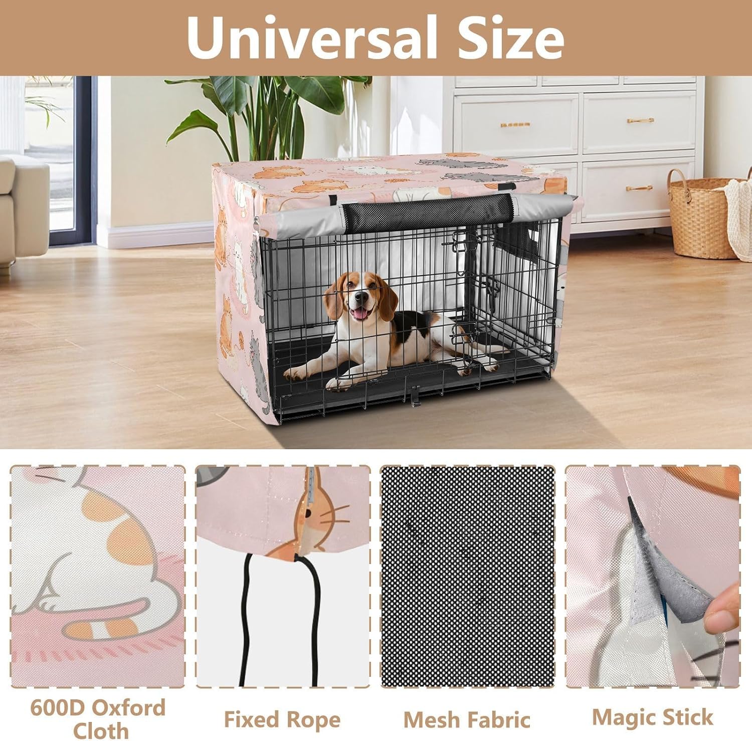 Kawaii Cat Dog Crate Cover 600D Oxford Pet Kennel Cover with Mesh Window for Dog Cages, Windproof Waterproof Machine Washable, 42"x28"x30"