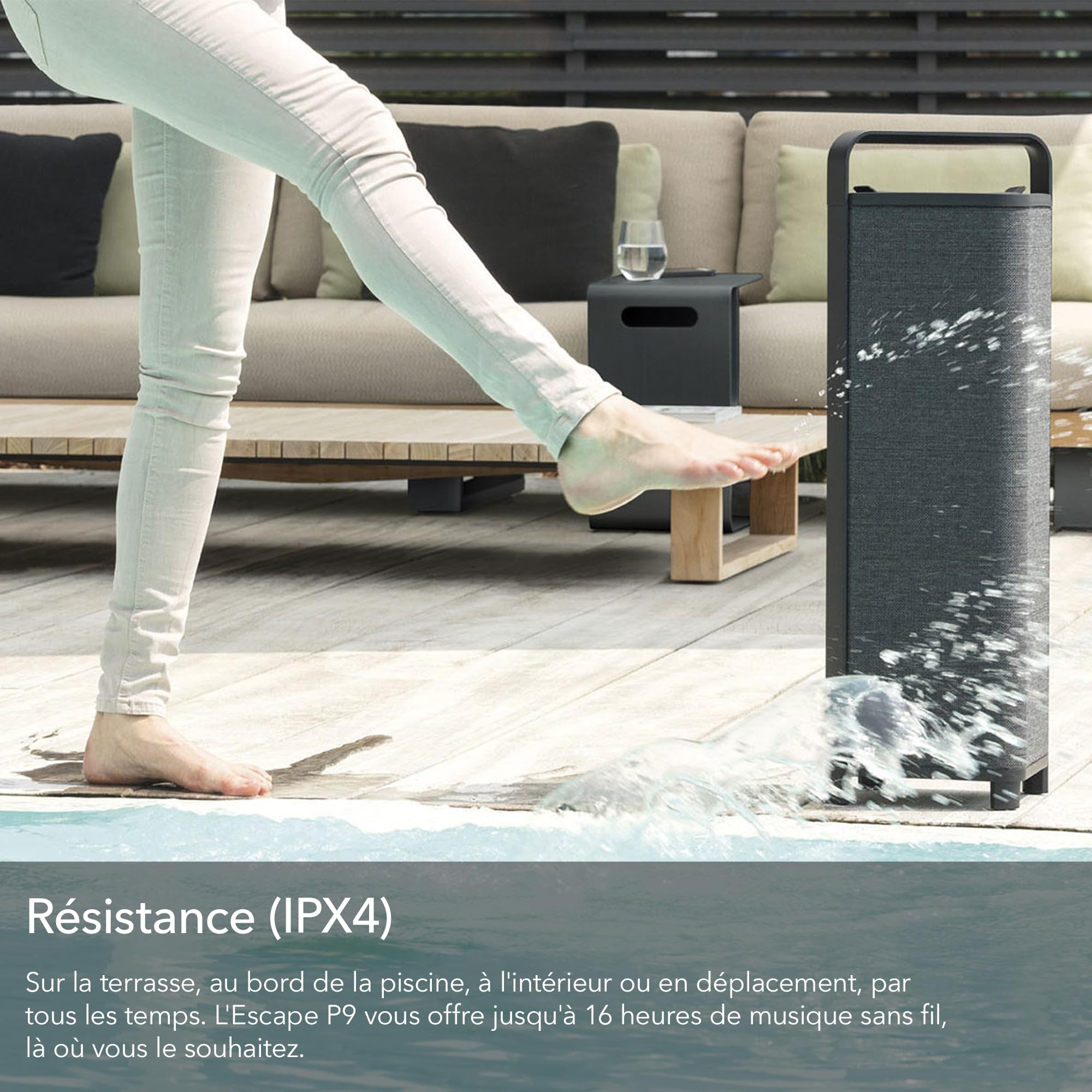 Escape P9 Haut-Parleur Bluetooth d'extérieur (IPX4 résistant aux intempéries, 100 W, autonomie de la Batterie 16 h, sans Fil, Portable) Noir