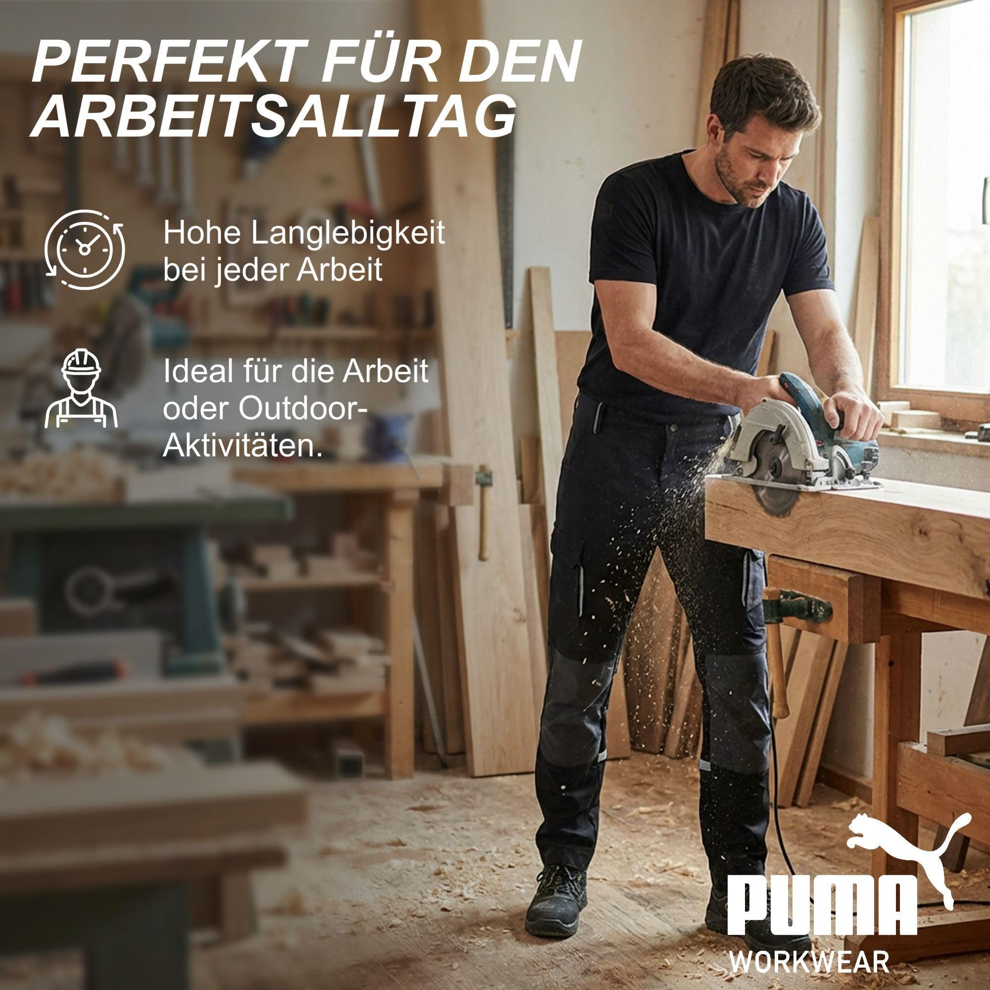 PUMA Workwear Arbeitshose Herren - Mit 4-Wege Stretch - Robuste Hose mit verstärktem Kniebereich und Gummizug im Bund - Erhöhtes Rückenteil - Bundhose mit verlängerbarem Hosensaum