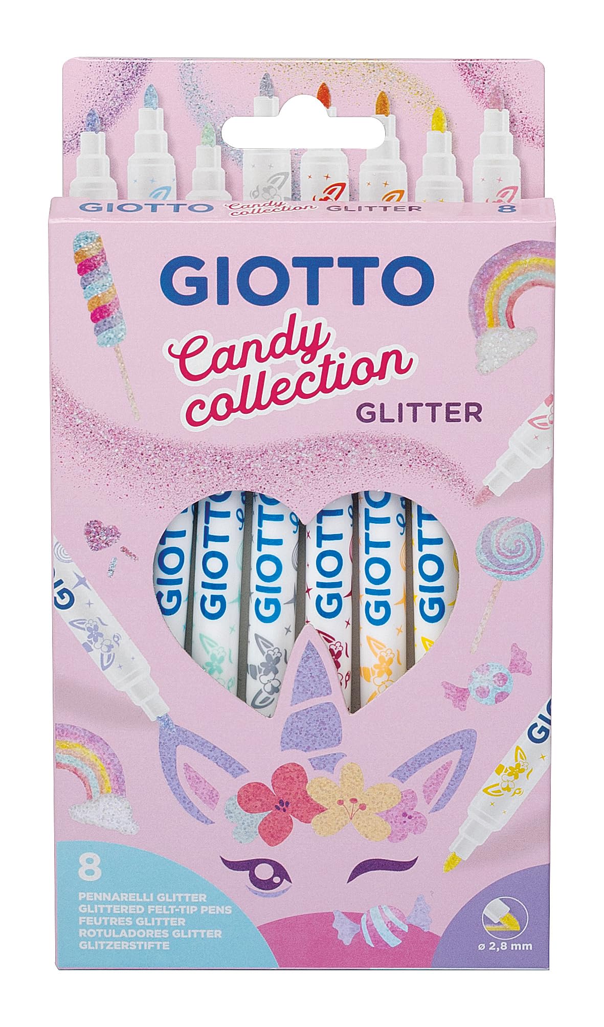 GIOTTO Turbo Glitter Felt Tip Fibre Pens, 8 Assorted Pastel-Toned Colours, For Children, Parties and Schools