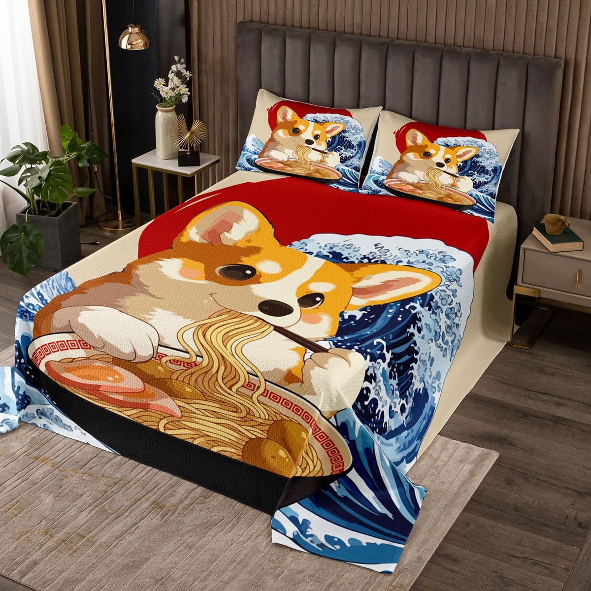 Manfei Japanischer Corgi Hund Bettdecke M Größe,Lustiger Hund Essen Nudeln Bettwäsche Sets für Kinder Frauen Männer Zimmer Dekor,Japan Anime Sonnenuntergang Welle Deckbett mit 2 Kissenbezug
