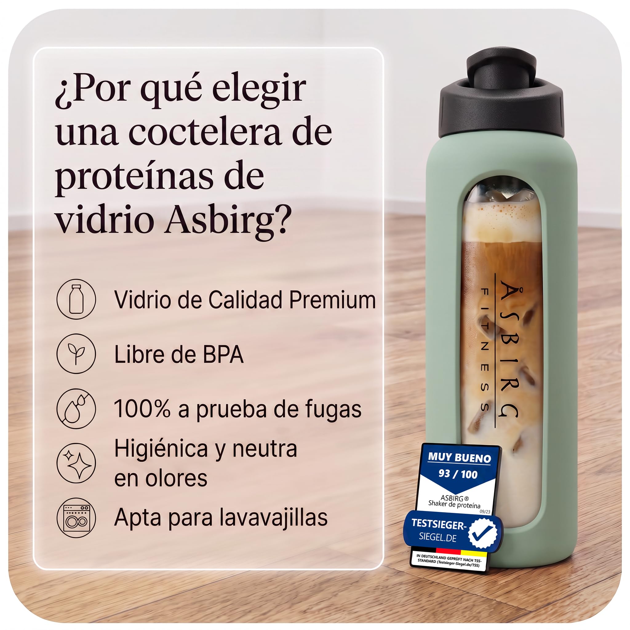 Pack de 3 mezcladores de proteínas de cristal Violeta, verde pastel y beige – Sin BPA, sabor neutro - Con bola espiral