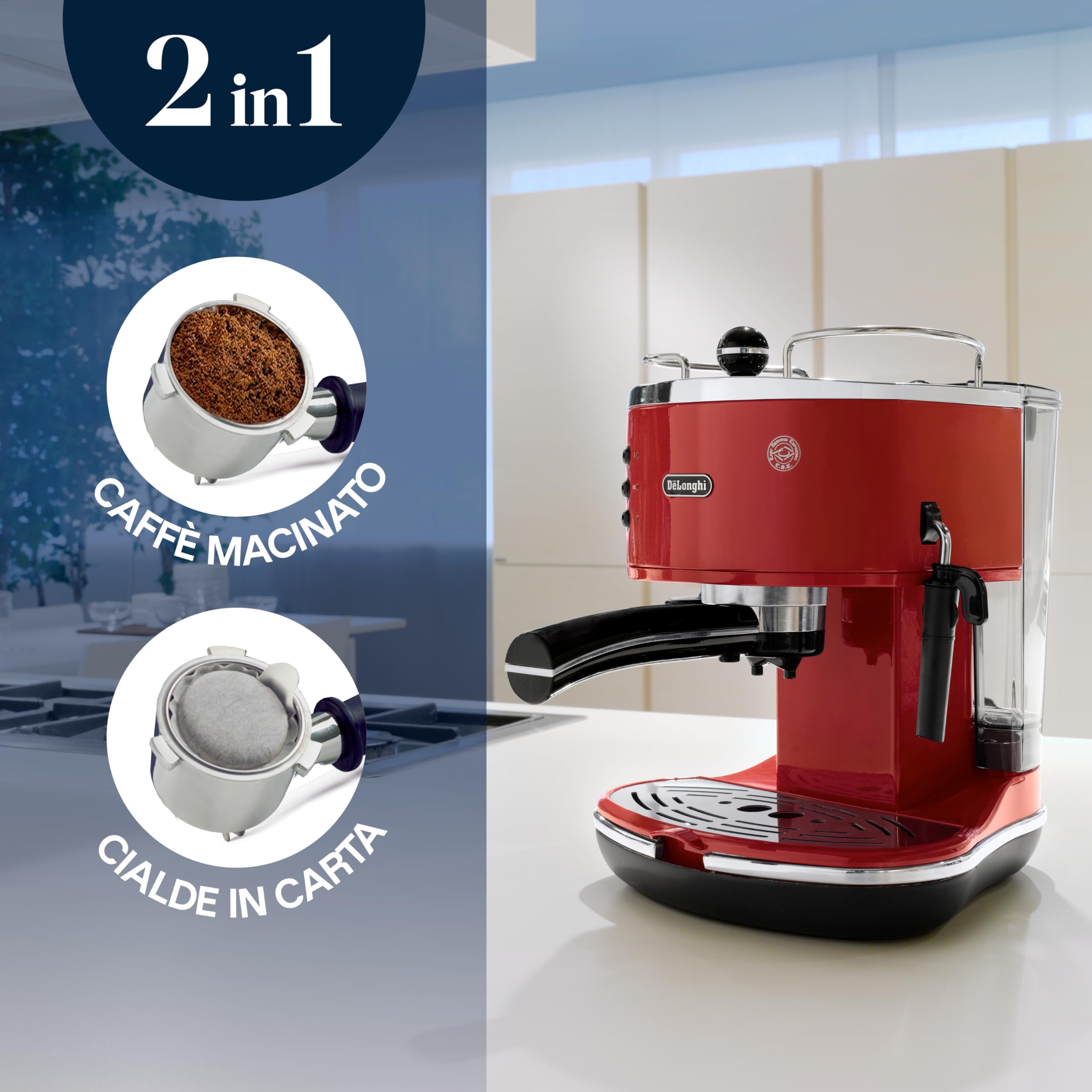De'Longhi ICONA ECO311.R Macchina da Caffè Espresso Manuale e Cappuccino, in Polvere e Cialde E.S.E., Spegnimento Automatico, Serbatoio Estraibile da 1.4L, Potenza 1100W, Scaldatazze, Rosso