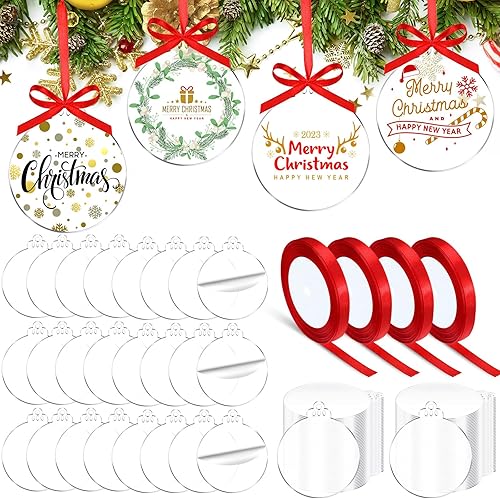 Blulu 200 adornos de acrílico transparente de Navidad con 4 rollos de cinta roja para Navidad, bricolaje, círculos redondos acrílicos, adornos de