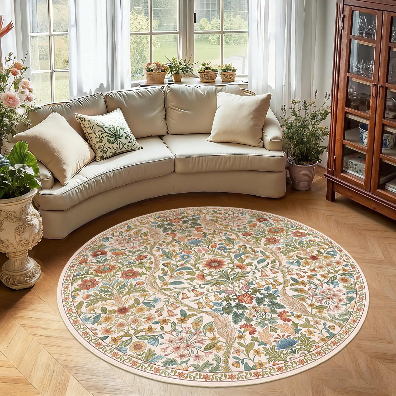 Round Rug 5ft Floral Circle Rug Beige Botanical Indoor Area Rugs