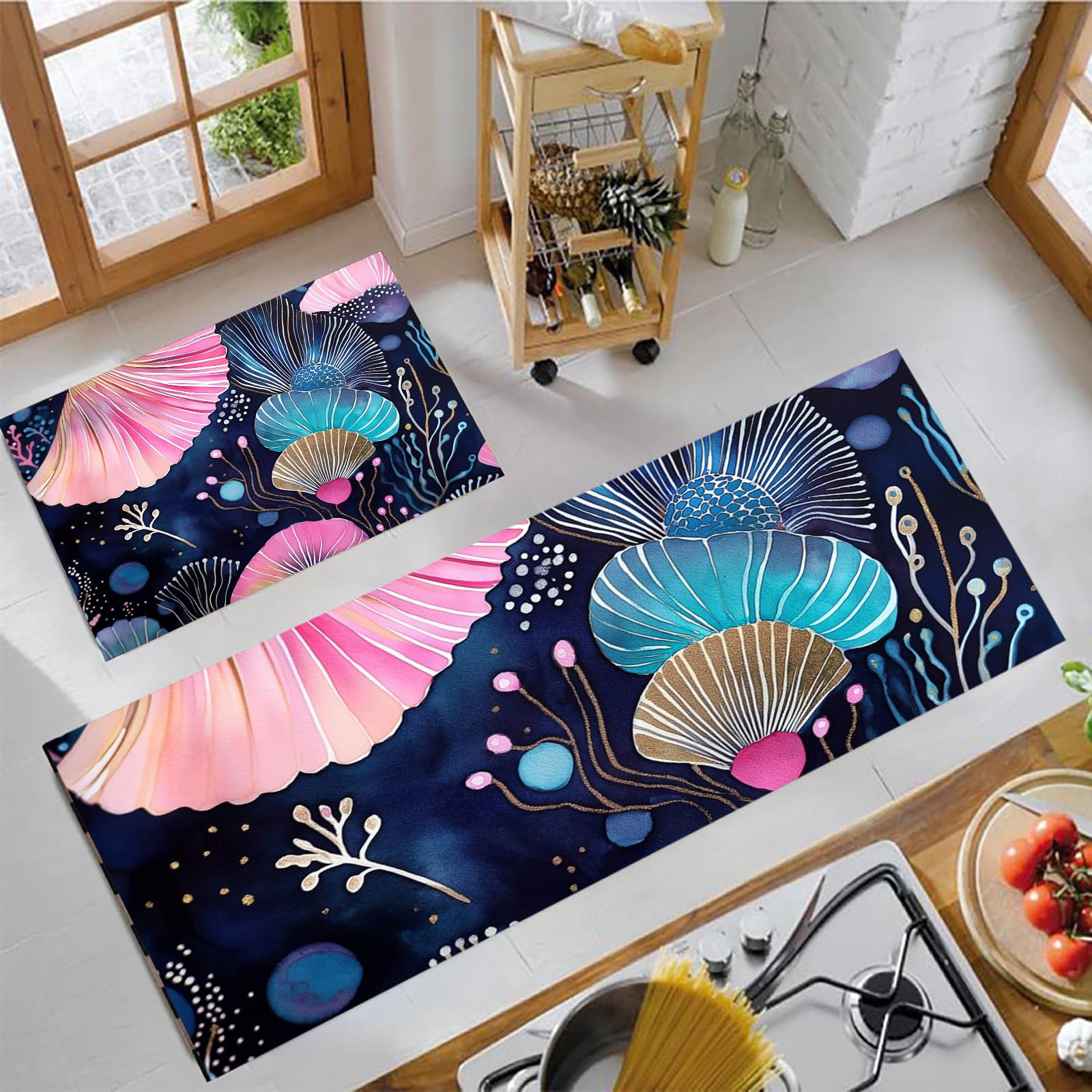 Alfombras antideslizantes de cocina con elegante diseño de lámina dorada, juego de 2 piezas