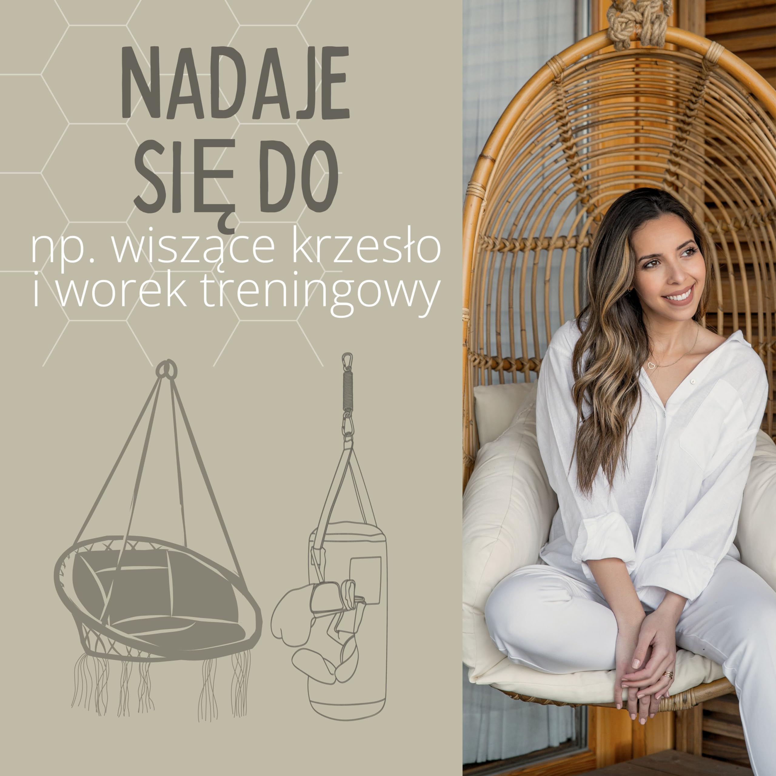 riijk Fotel wiszący, sprężyna oscylacyjna do fotela wiszącego, ze stelażem lub montażem na suficie, 2 karabińczyki, do krzeseł wiszących, huśtawek wiszących i uchwytów na worek bokserski,