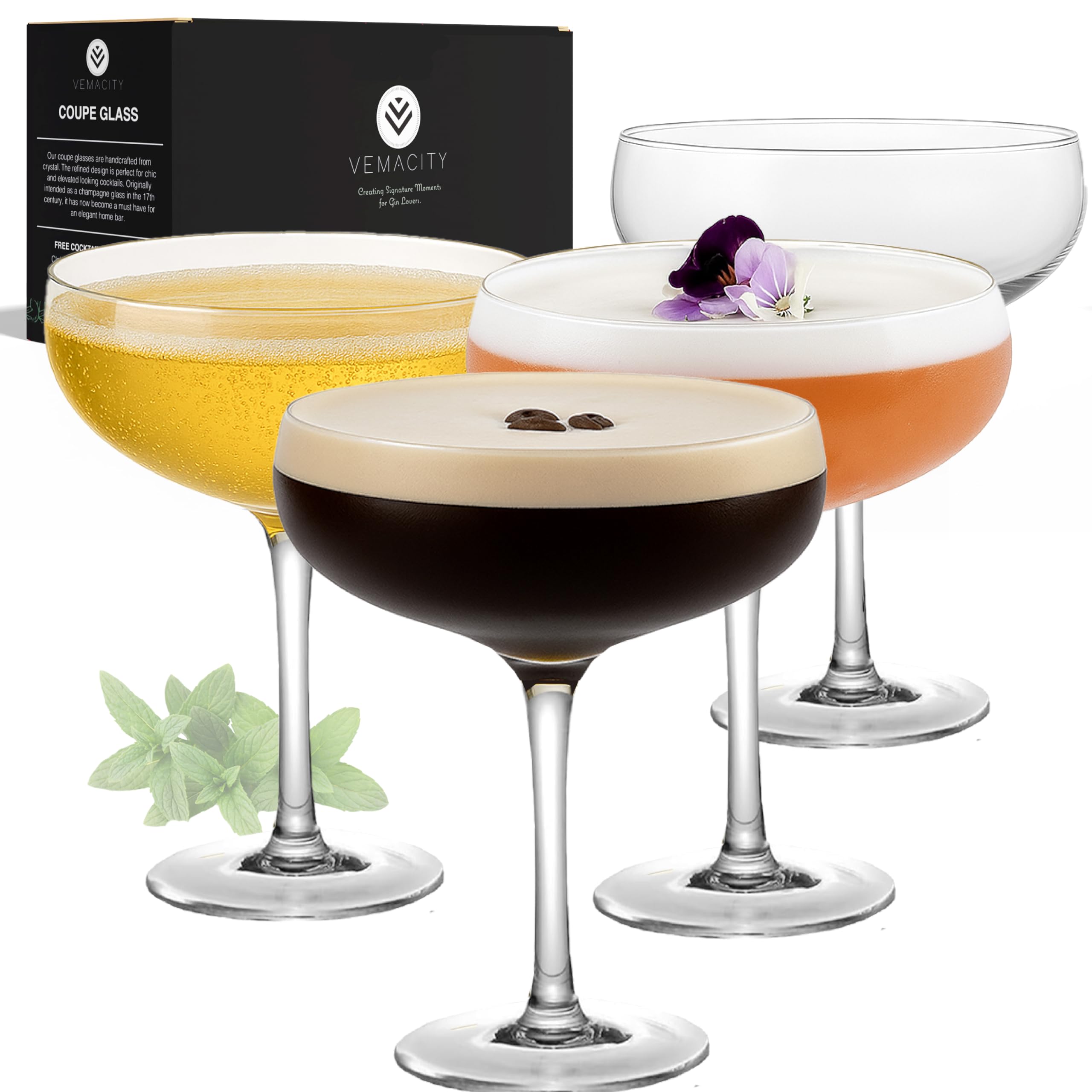 Vemacity Elegante Espresso Martini Gläser 4er Set | Handgefertigte Cocktailgläser Set | Champagner Schalen | Edle Coupe für Margarita & Cocktails | Martinigläser | Ideal zum Verschenken